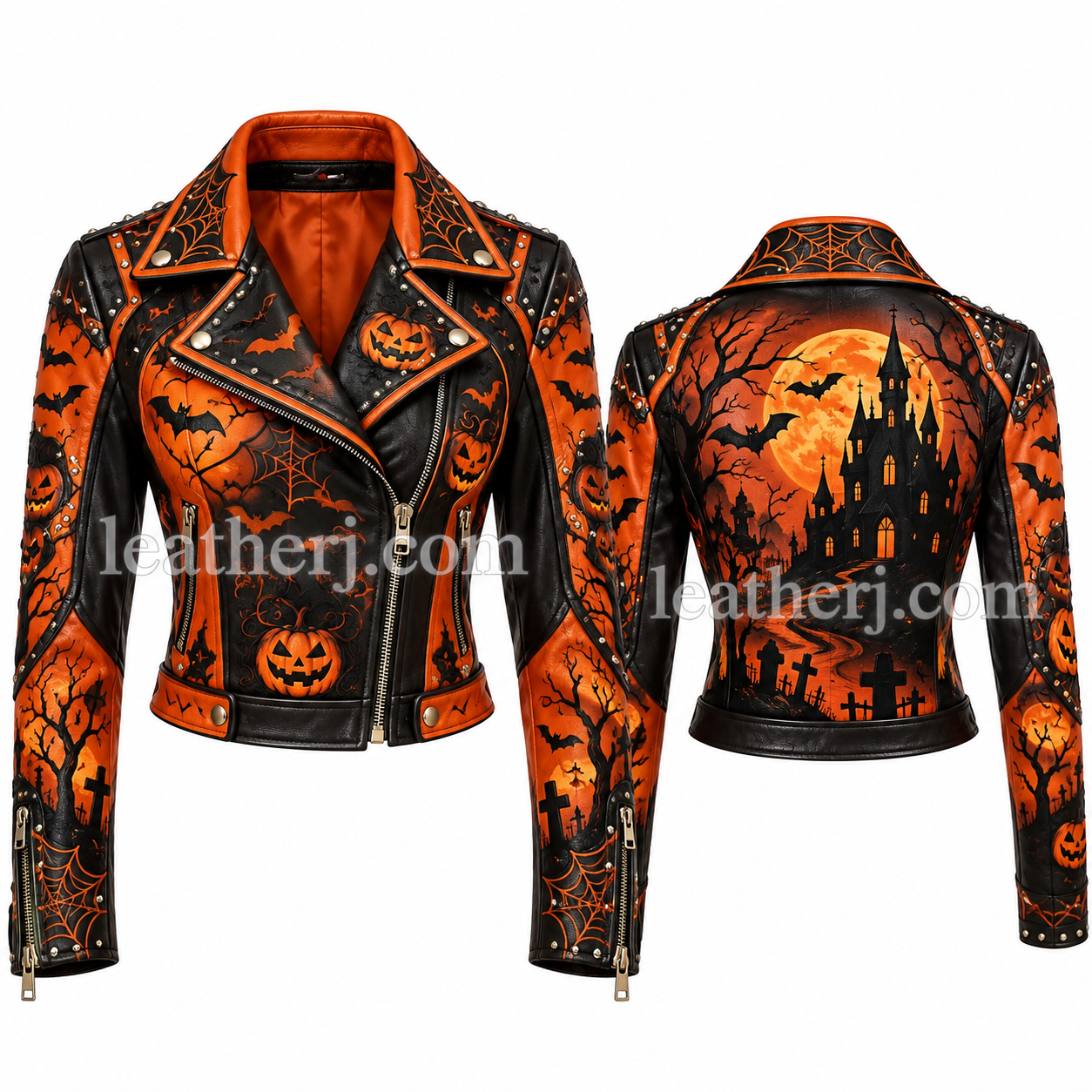 Title: Women’s Halloween-Themed Printed Leather Biker Jacket