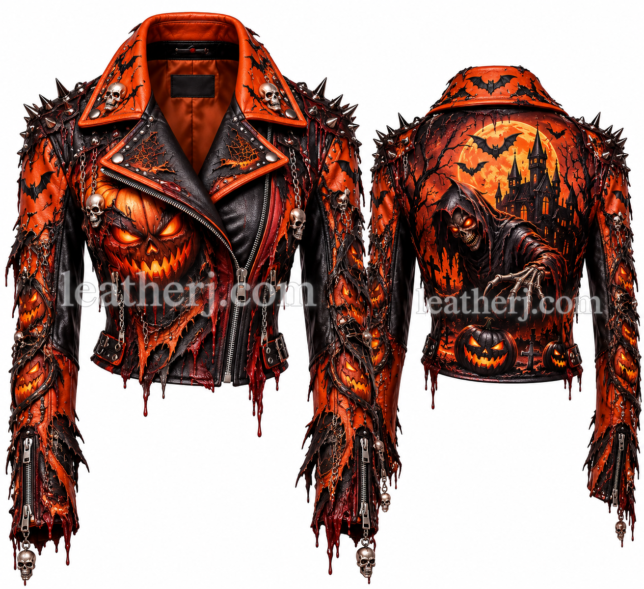 Title: Women’s Scary Halloween Cropped Leather Biker Jacket – Gothic Pumpkin & Reaper Design