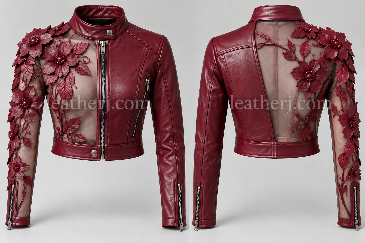 Burgundy Leather & Sheer Floral Crop Jacket