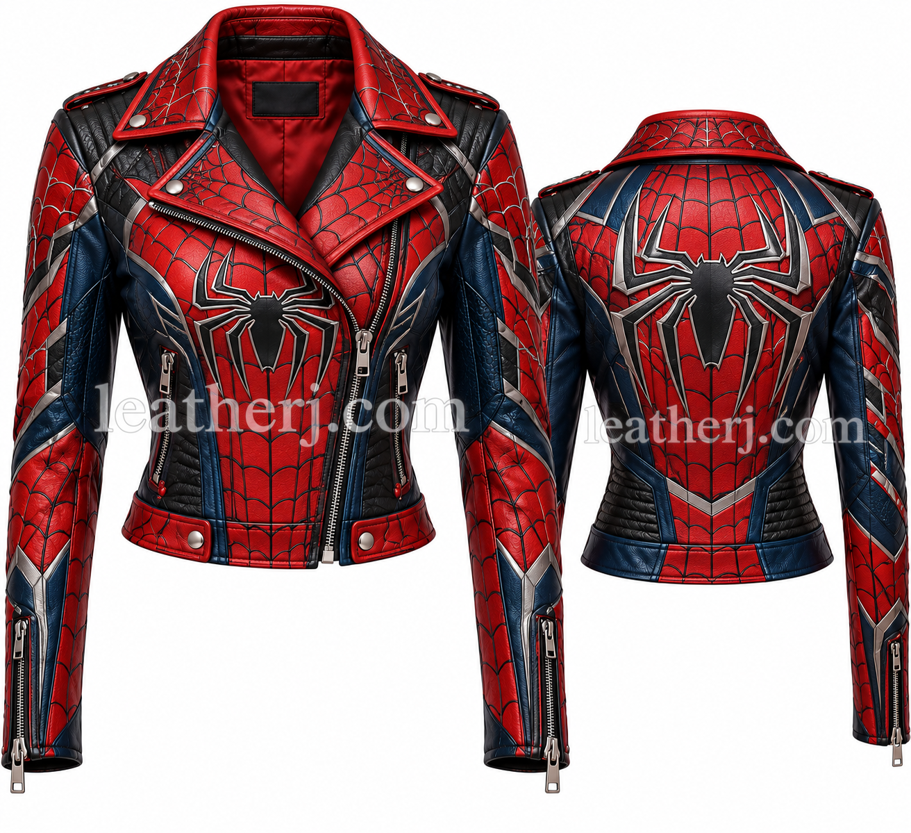 Title: Women’s Spider-Inspired Leather Biker Jacket – Red, Black & Blue Web Print