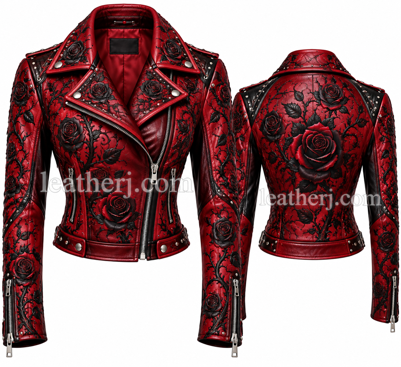 Title: Women’s Blood Red Leather Biker Jacket – Black Rose & Gothic Floral Print