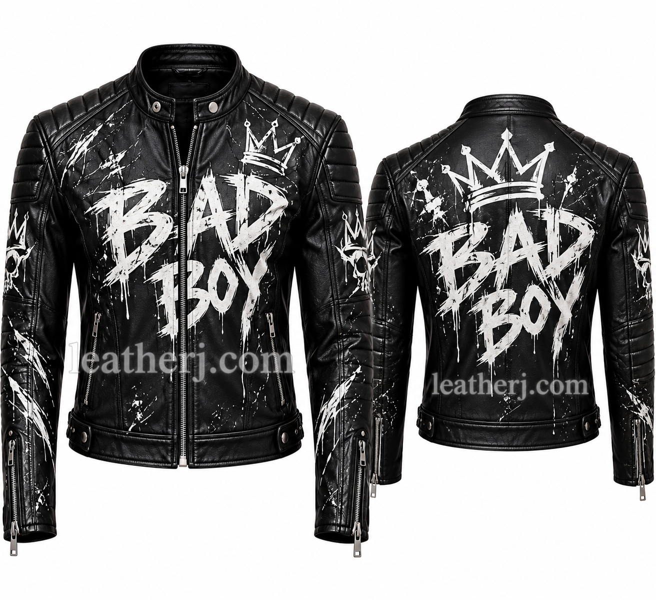 Title: Men’s Black Leather Biker Jacket – “BAD BOY” Graphic Print