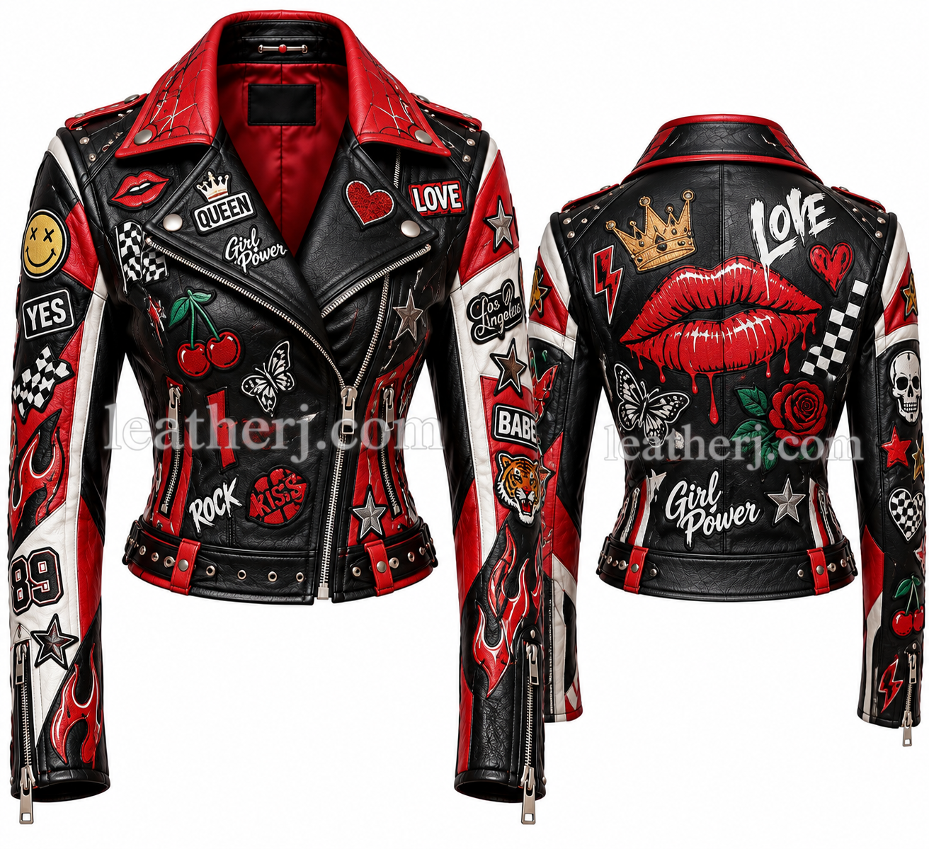 Title: Women’s Black Leather Biker Jacket – Graphic Sticker & Patch Design