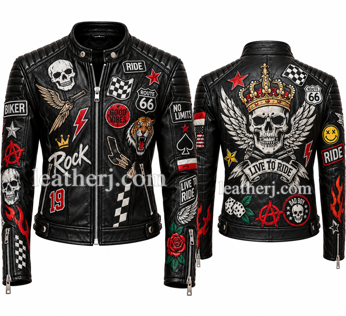 Title: Men’s Black Leather Biker Jacket – Graphic Logo & Patch Design