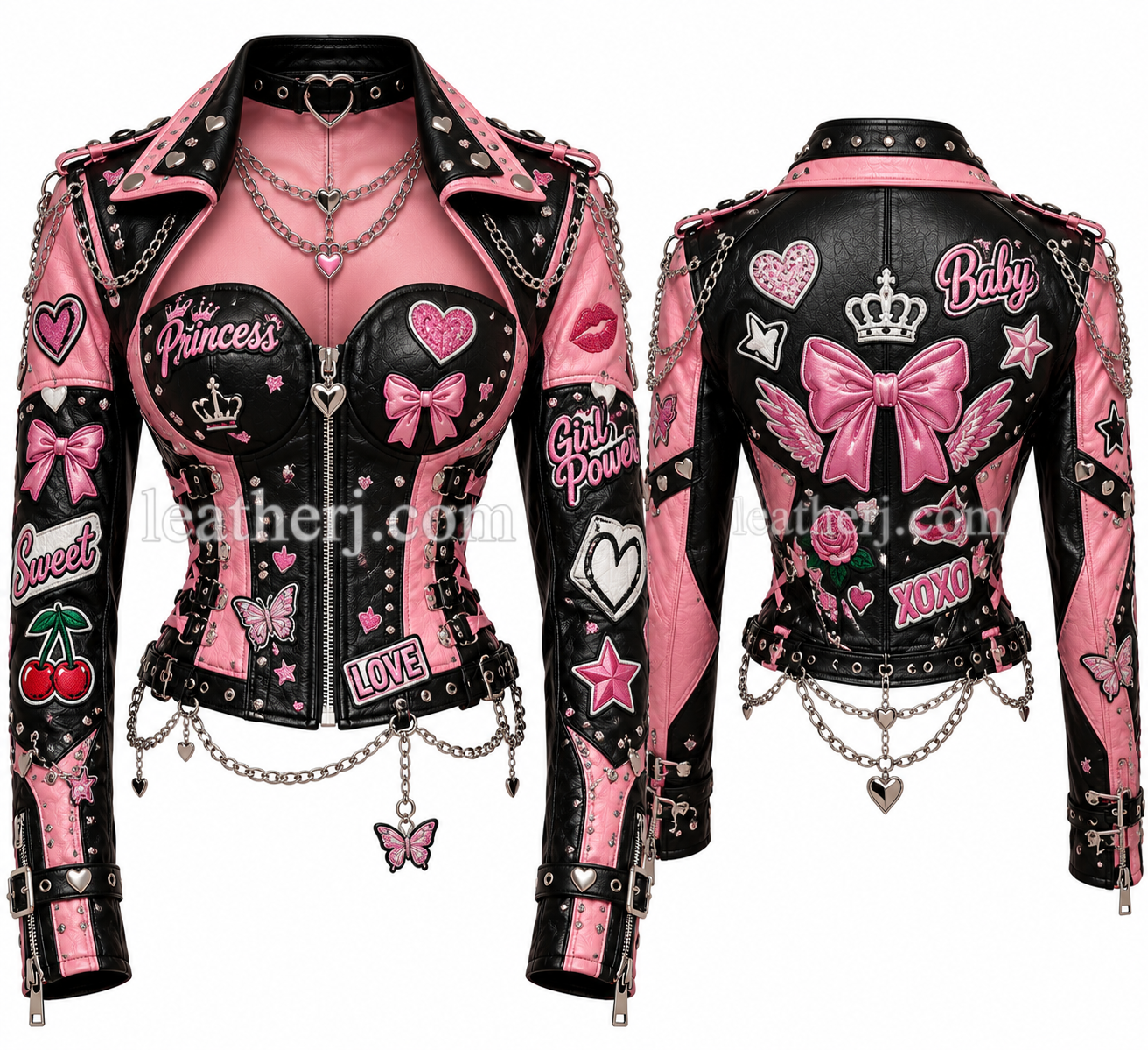 Title: Women’s Pink & Black Leather Blouse – Girlish Sticker, Bow & Chain Design