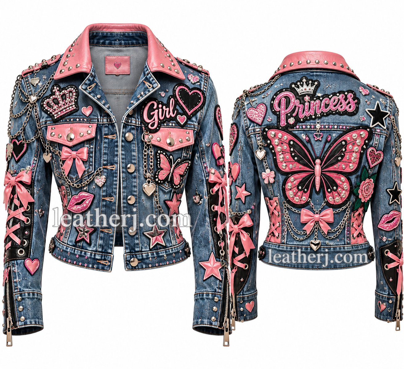 Title: Girls’ Pink & Blue Denim Jacket – Princess, Butterfly & Bow Sticker Design