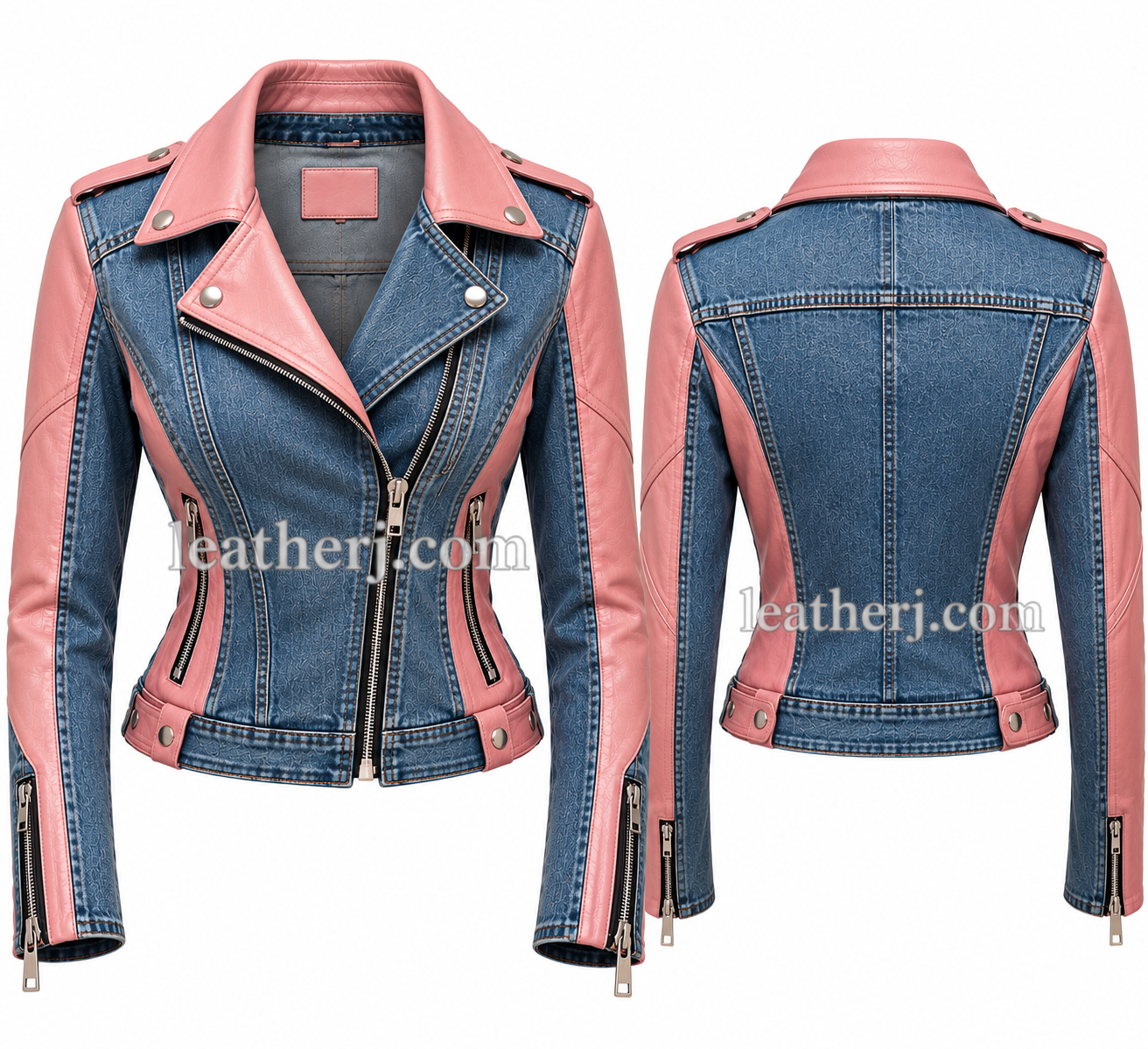 Title: Women’s Pink & Blue Denim Leather Biker Jacket