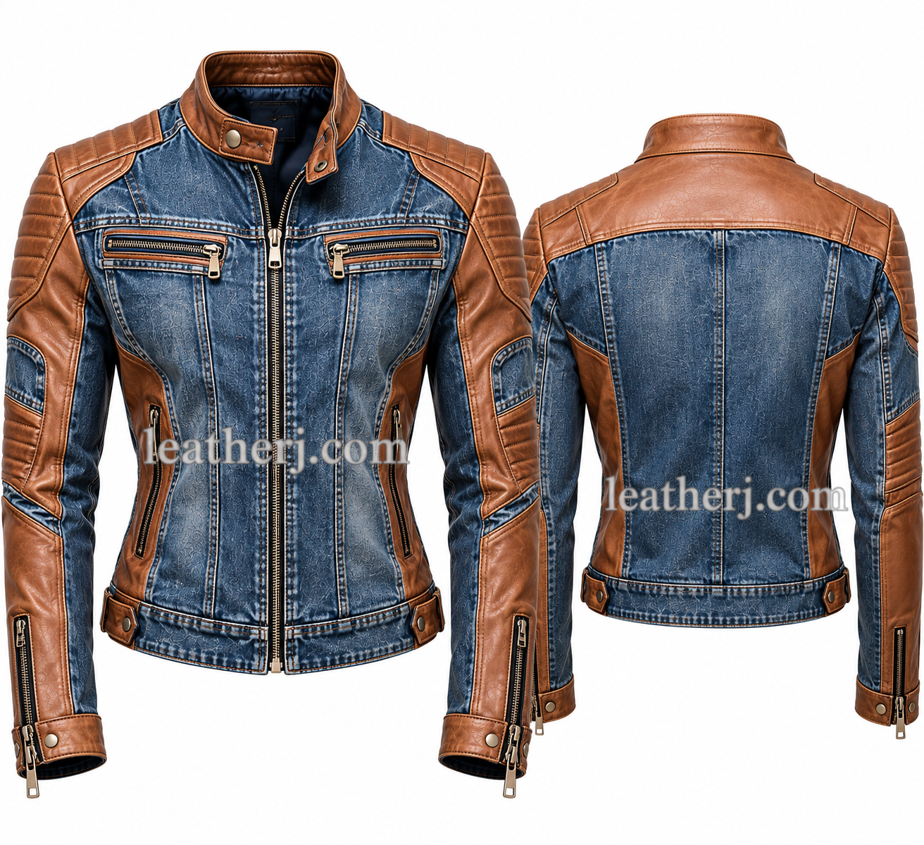 Title: Men’s Blue Denim & Brown Leather Biker Jacket