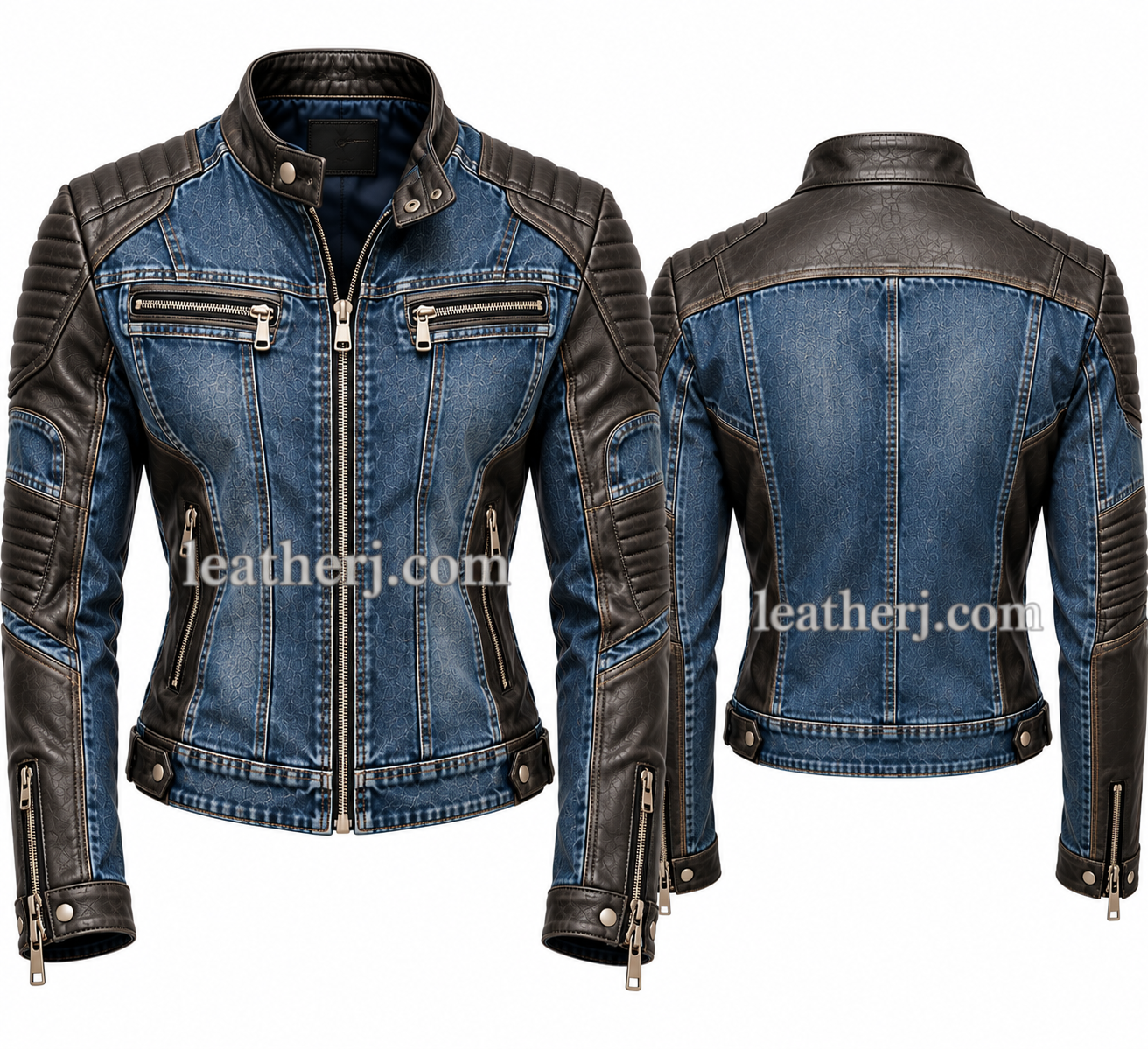 Title: Men’s Blue Denim & Black Leather Biker Jacket