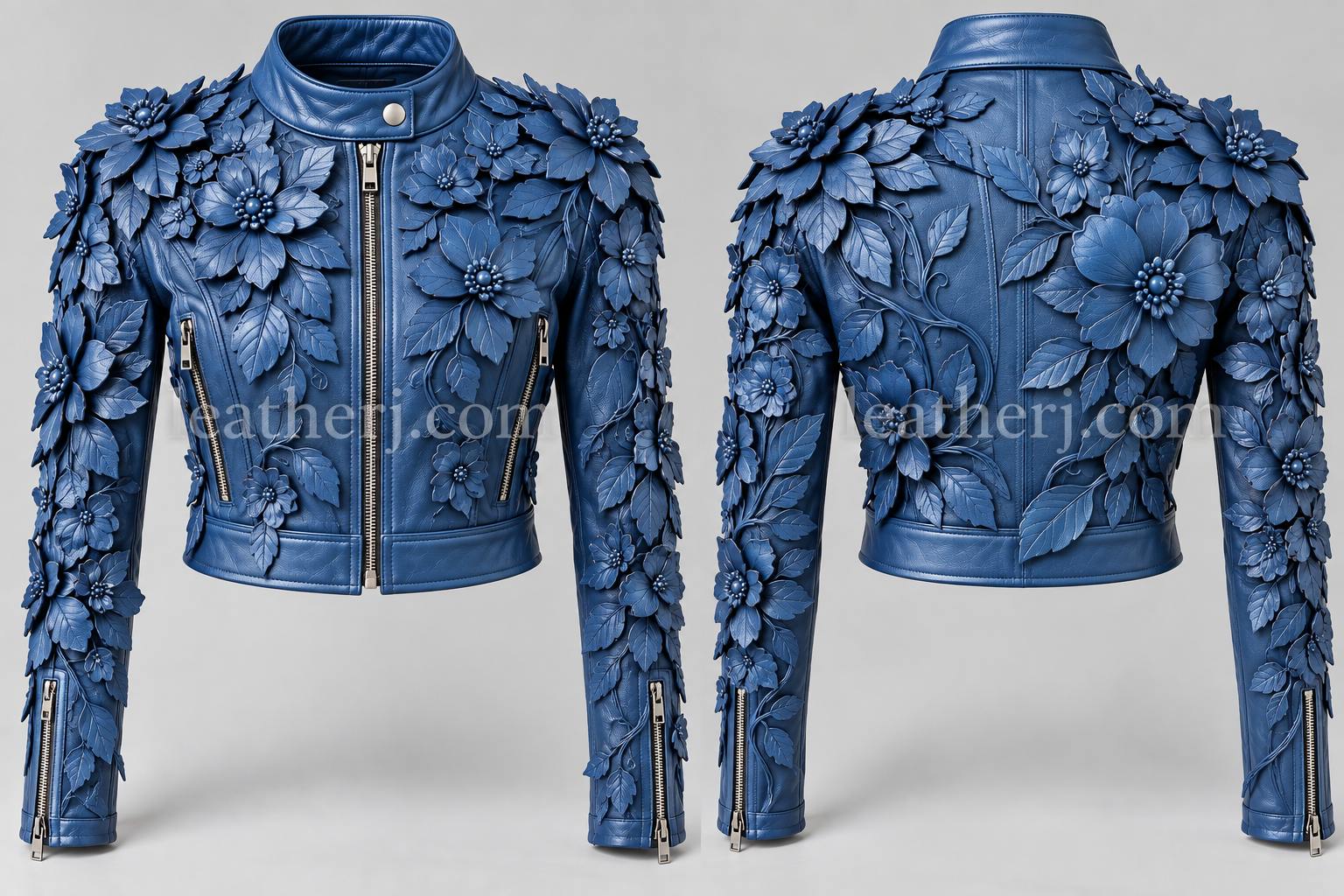 Blue Floral Leather Crop Jacket for Women