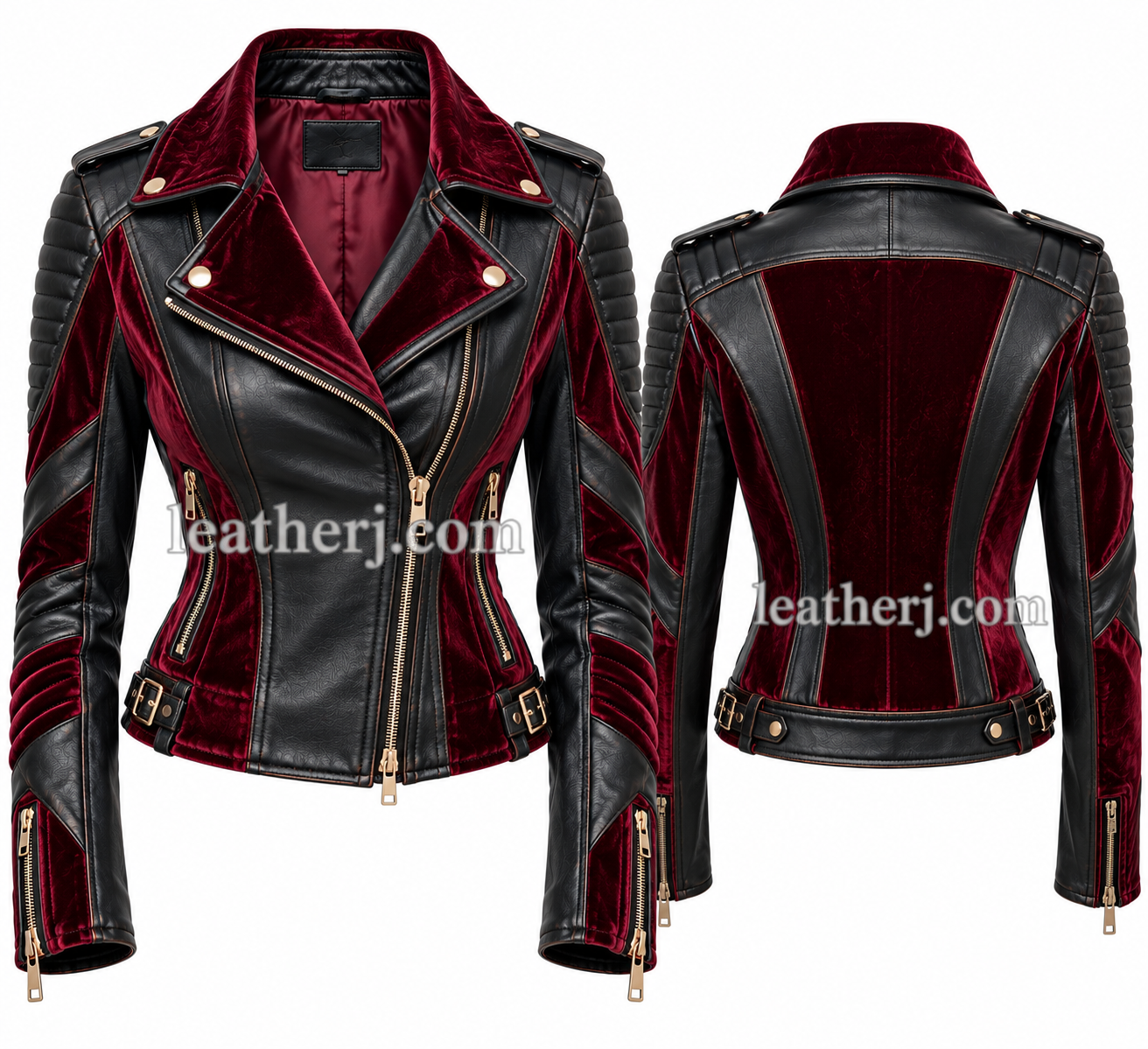 Title: Women’s Black Leather & Burgundy Velvet Biker Jacket