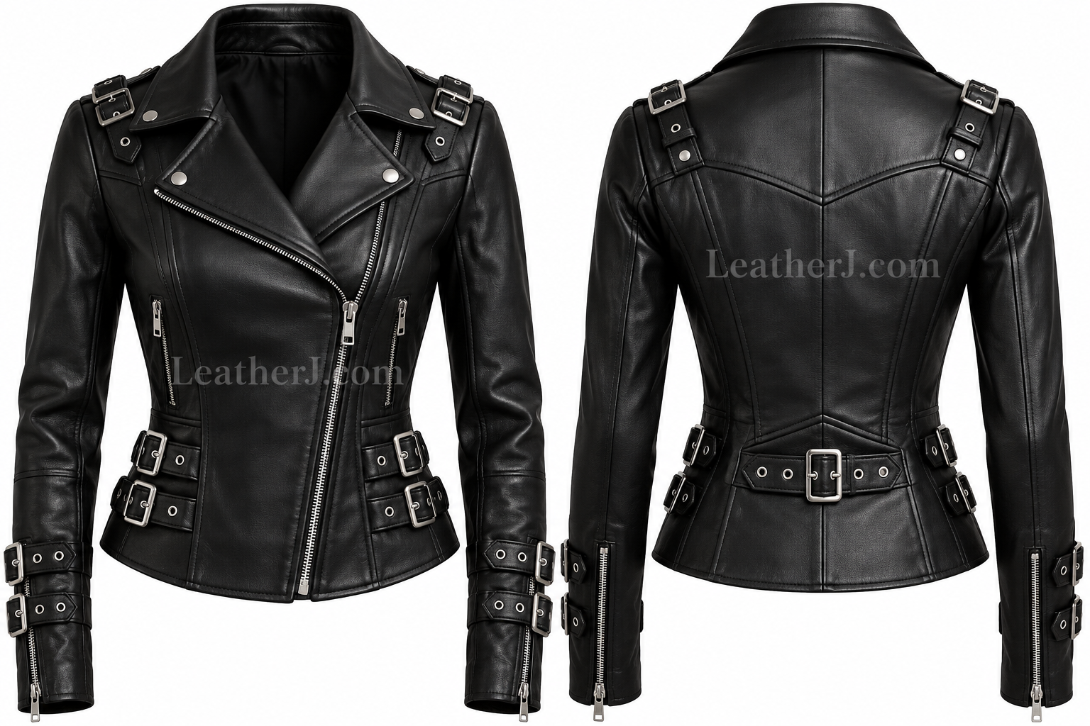 Women’s Black Leather Buckle Detail Biker Jacket