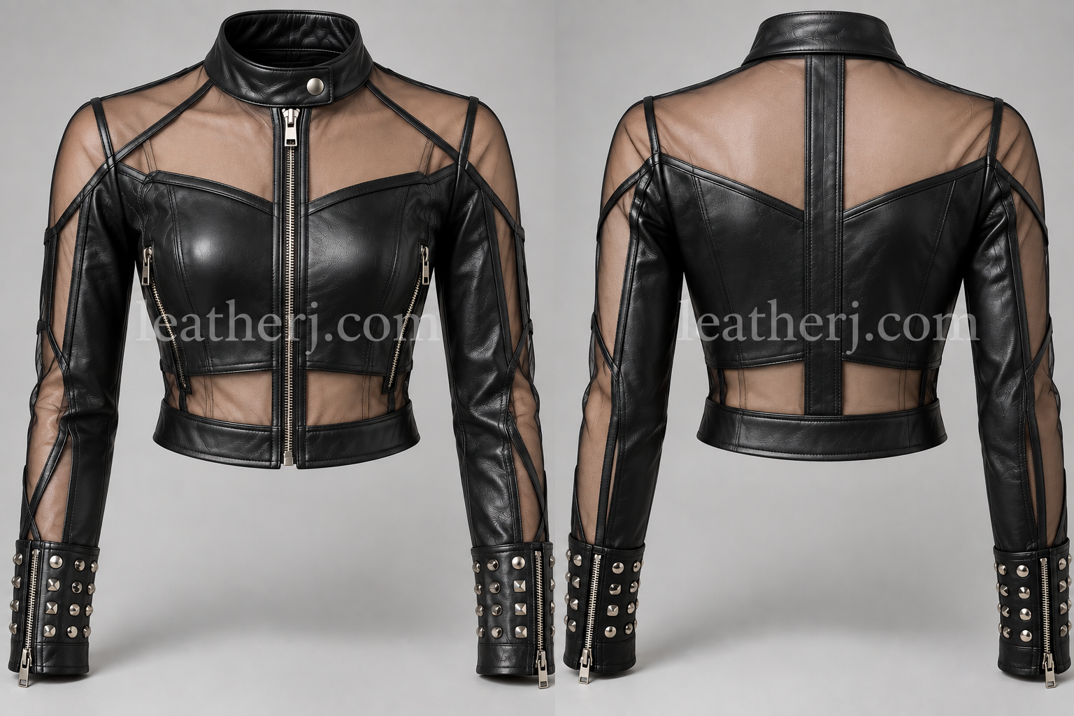 Black Leather & Sheer Studded Crop Jacket for Women