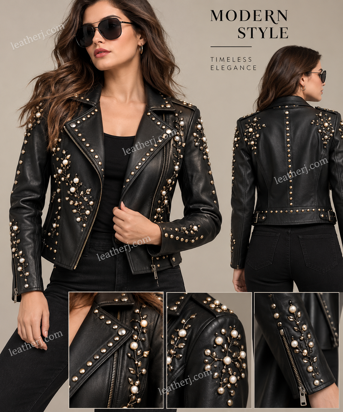 Women’s Embellished Black Leather Biker Jacket – Pearl Beads & Studded Floral Design