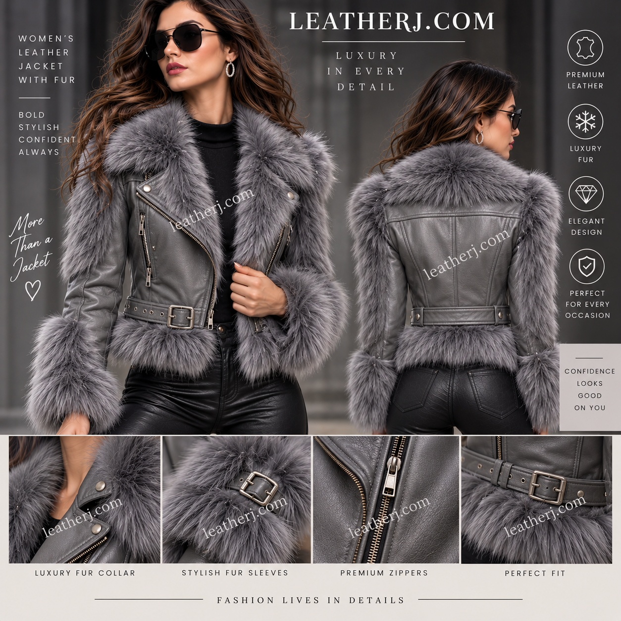 Women’s Grey Leather Jacket with Luxury Fur Trim – Elegant Winter Biker Style