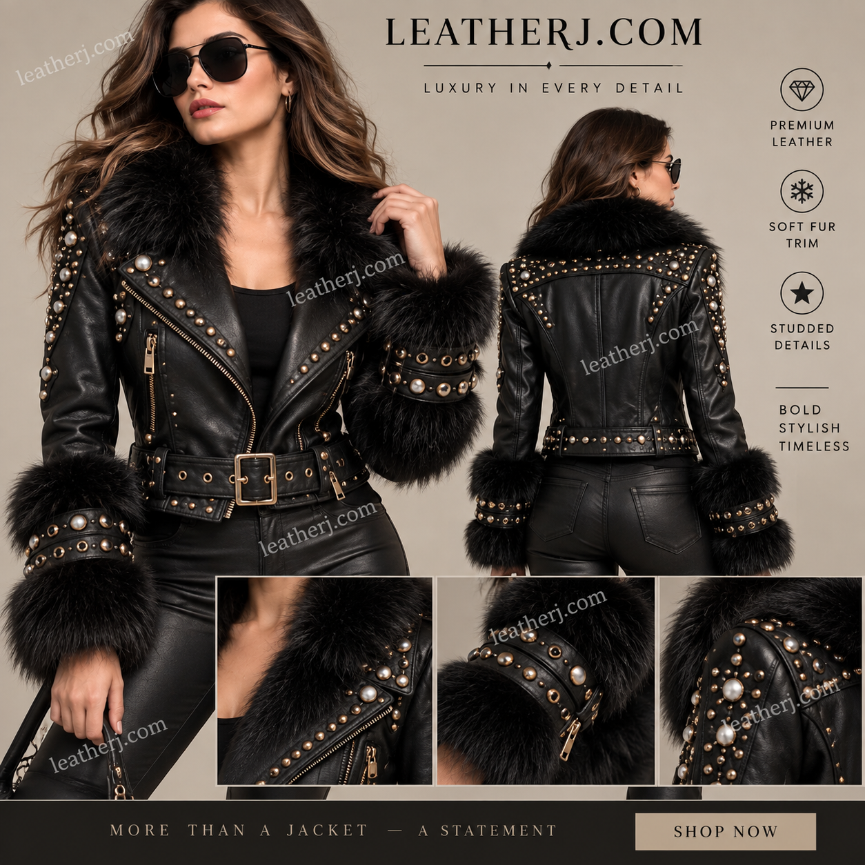 Women’s Luxury Black Leather Jacket with Fur Collar & Studded Sleeves