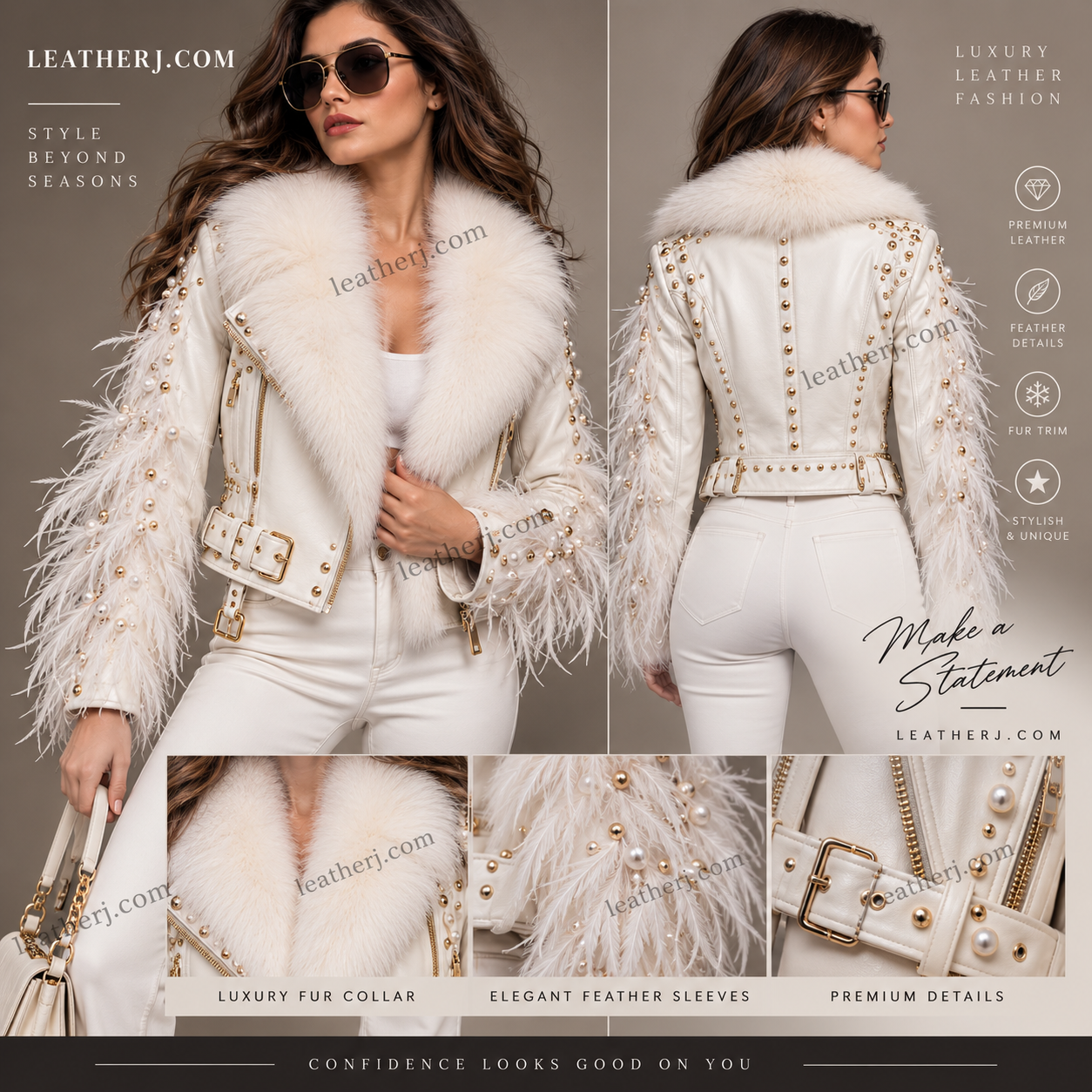 Women’s White Leather Jacket with Luxury Fur Collar & Feather Sleeves