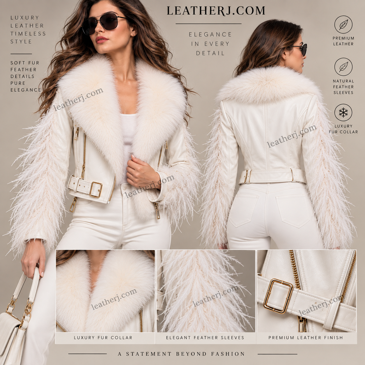 Women’s White Leather Jacket with Fur Collar & Feather Sleeves – Luxury Statement Style
