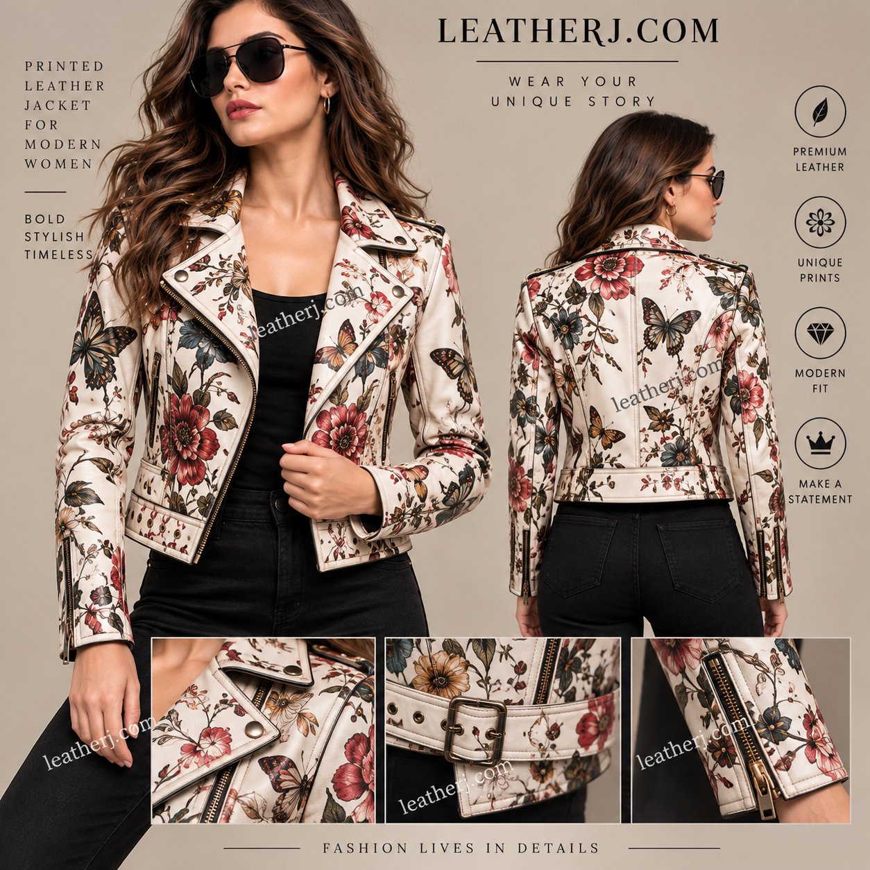 Women’s Printed Leather Biker Jacket – Floral & Butterfly Design