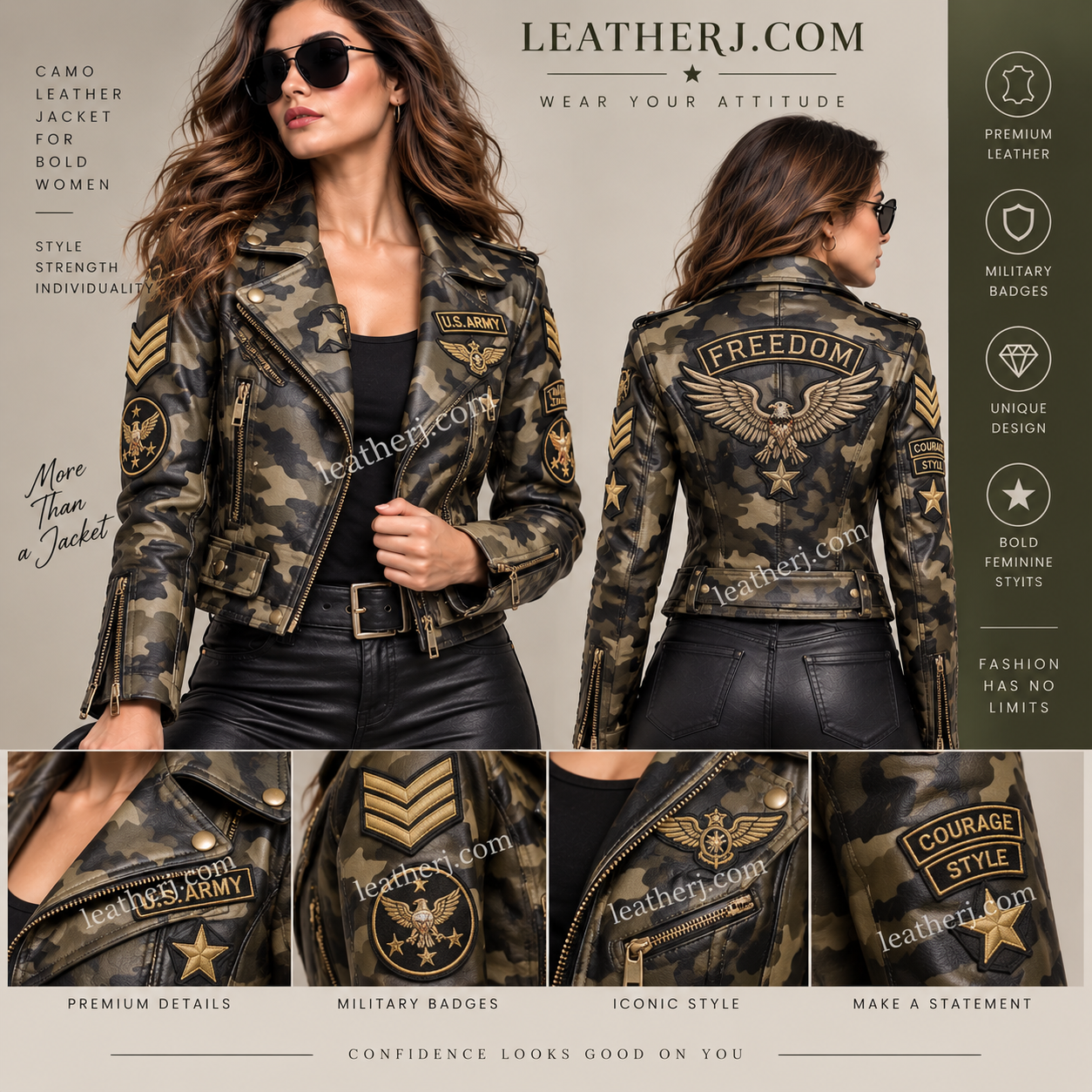 Women’s Camouflage Leather Biker Jacket with Military-Style Badges