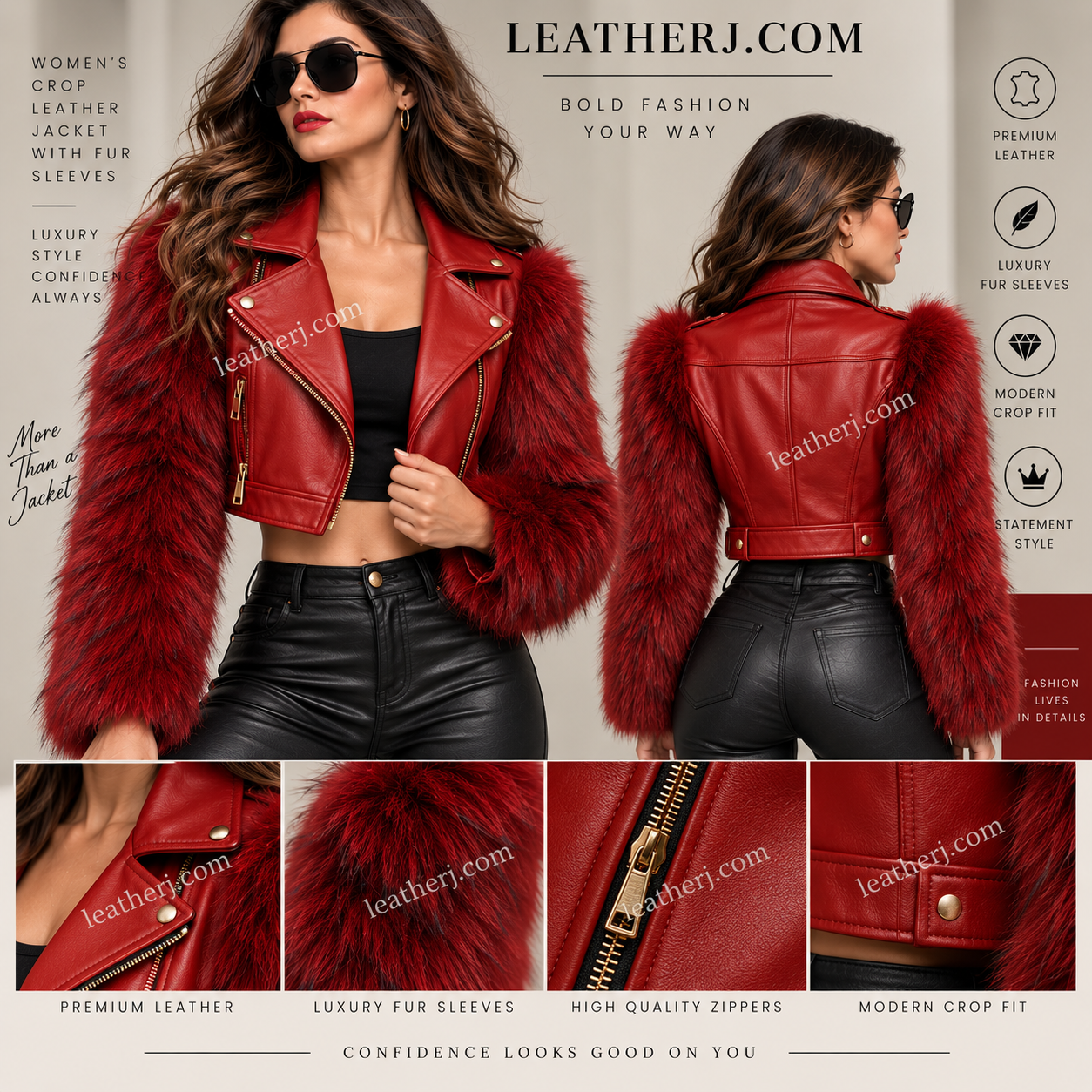 Women’s Red Cropped Leather Jacket with Luxury Fur Sleeves