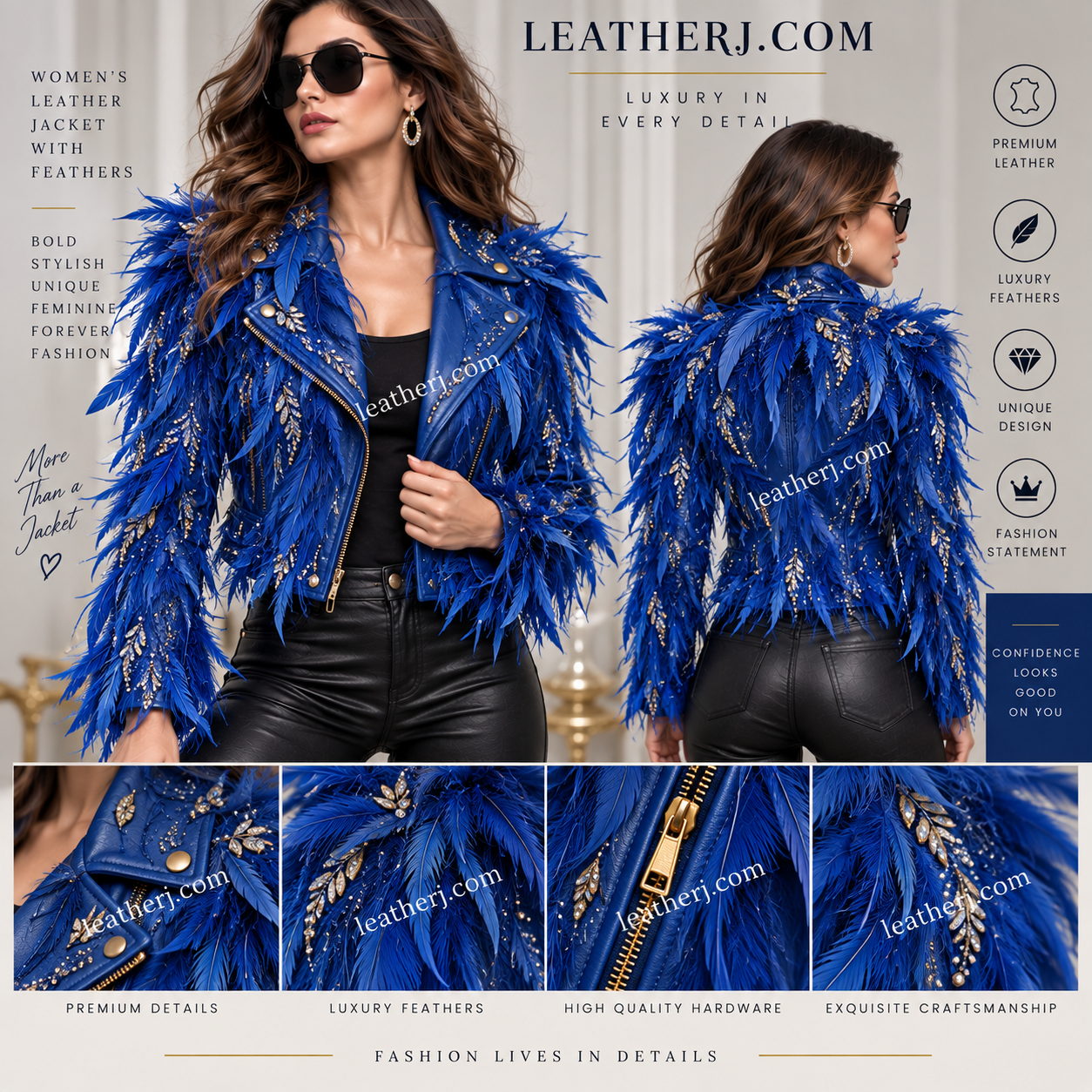 Women’s Royal Blue Feathered Leather Jacket – Luxury Statement Fashion