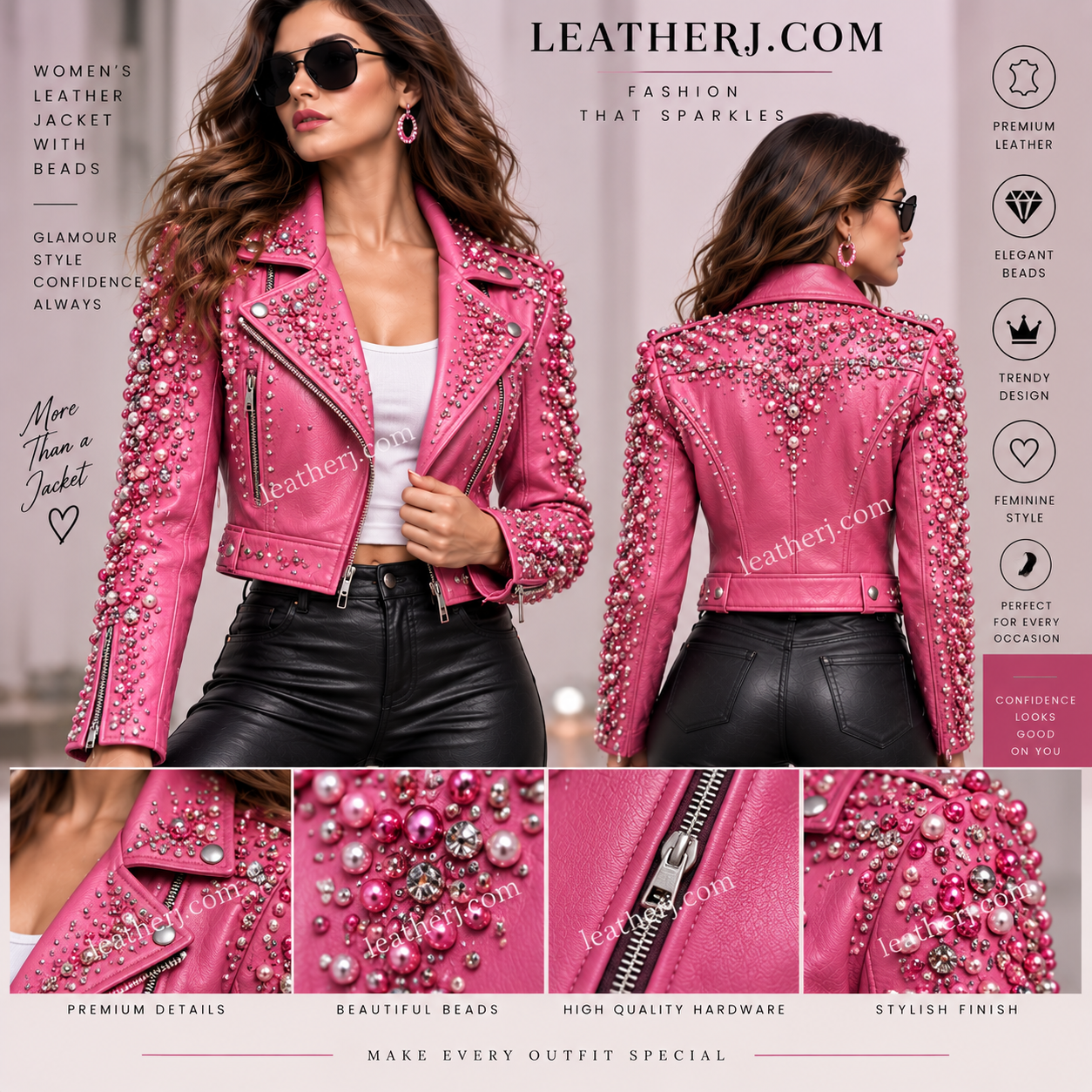 Women’s Pink Beaded Leather Jacket – Glamorous Embellished Biker Style