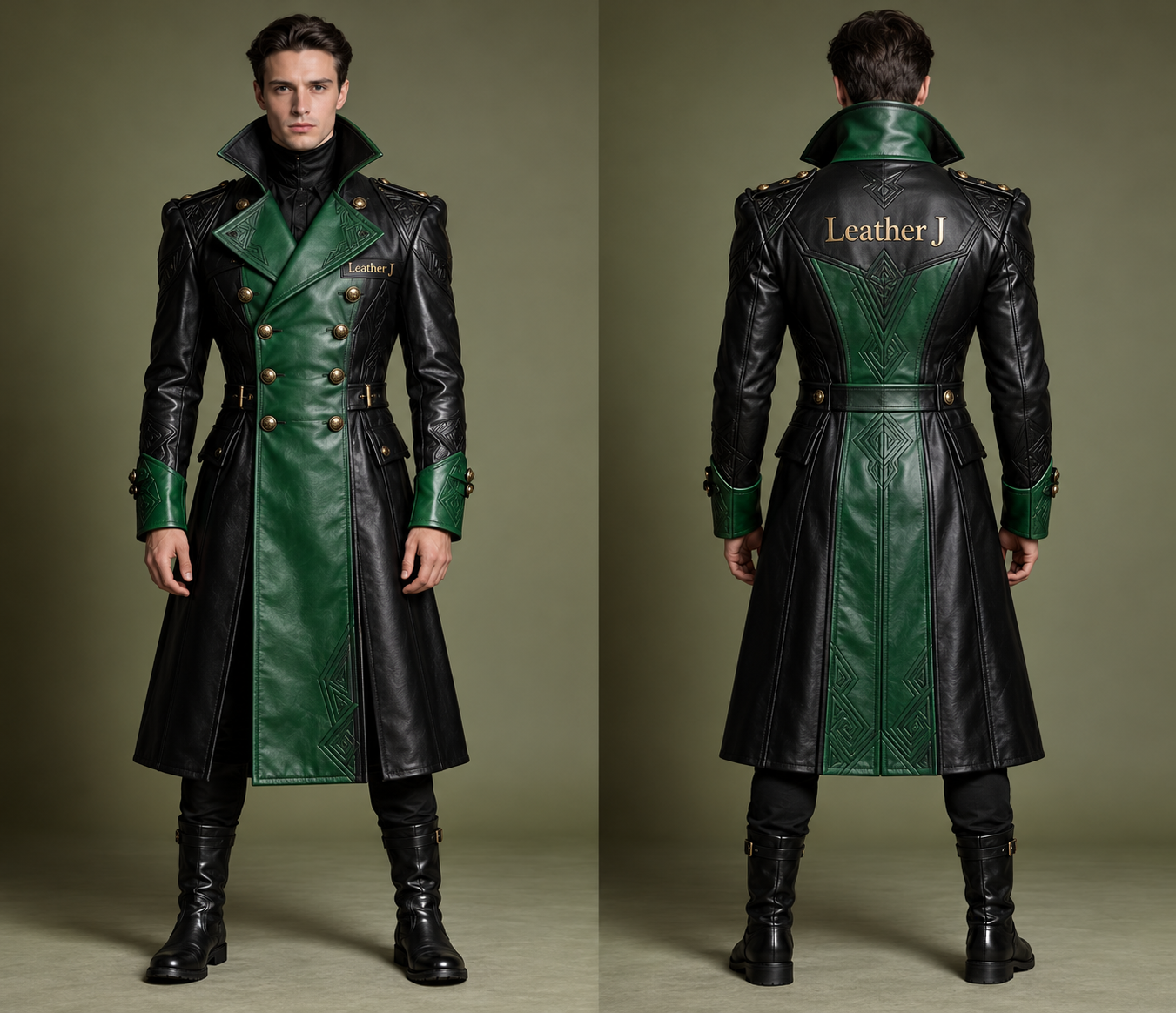 Leather J Emerald Shadow Gothic Leather Trench Coat