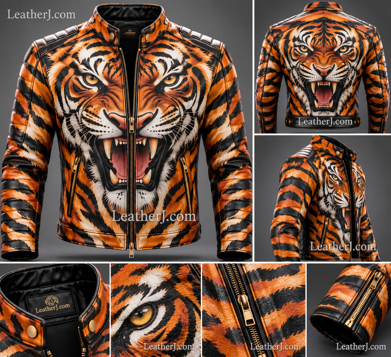 Men's Tiger Print Leather Biker Jacket – Roaring Tiger Graphic, Orange & Black