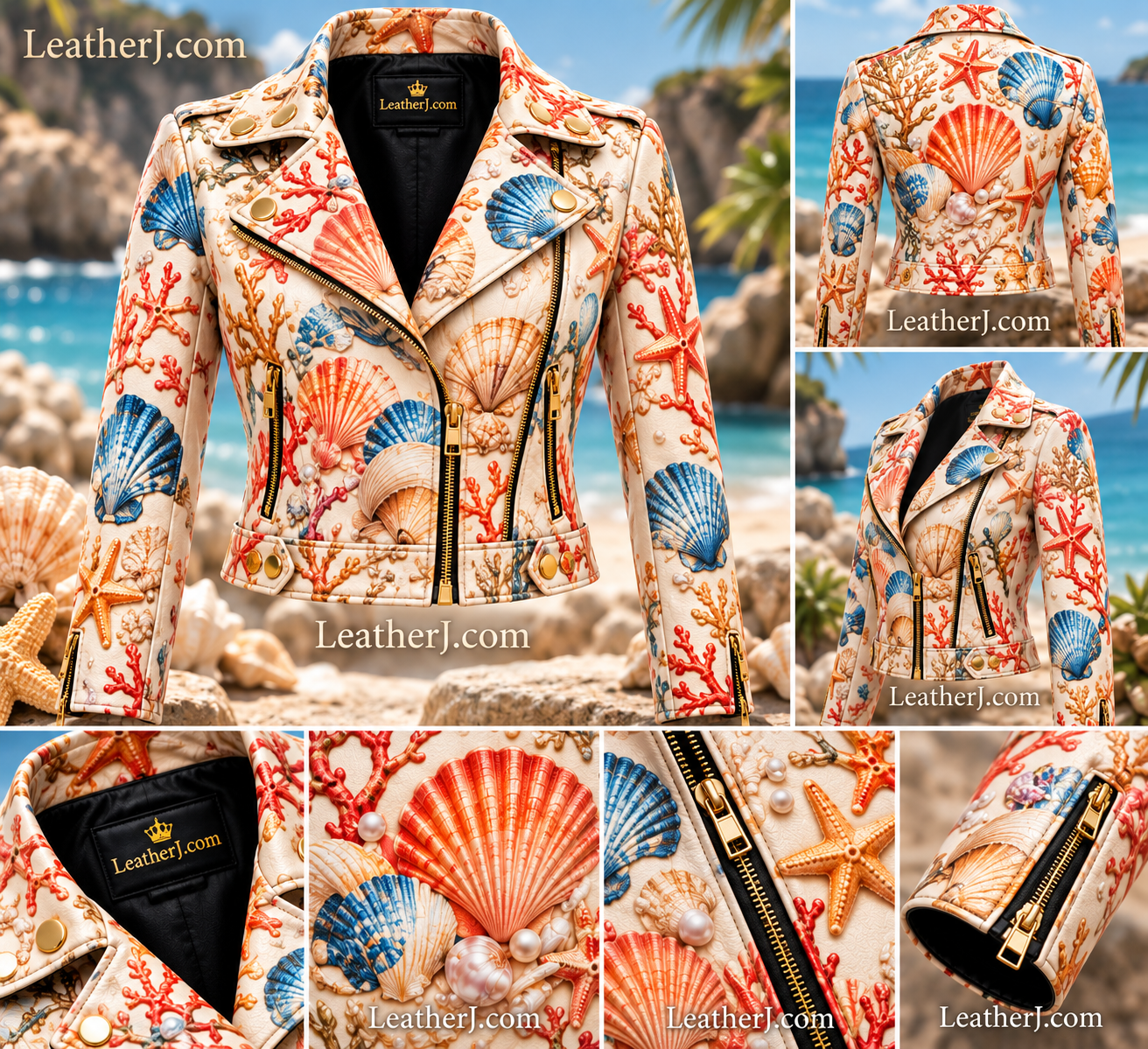 Women's Seashell Print Leather Biker Jacket – Coastal Ocean-Inspired Cropped Jacket