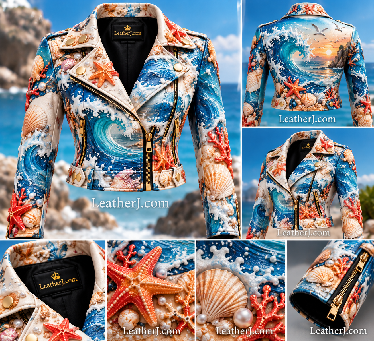 Women's 3D Ocean Print Leather Crop Jacket – Seashells, Starfish & Waves Design