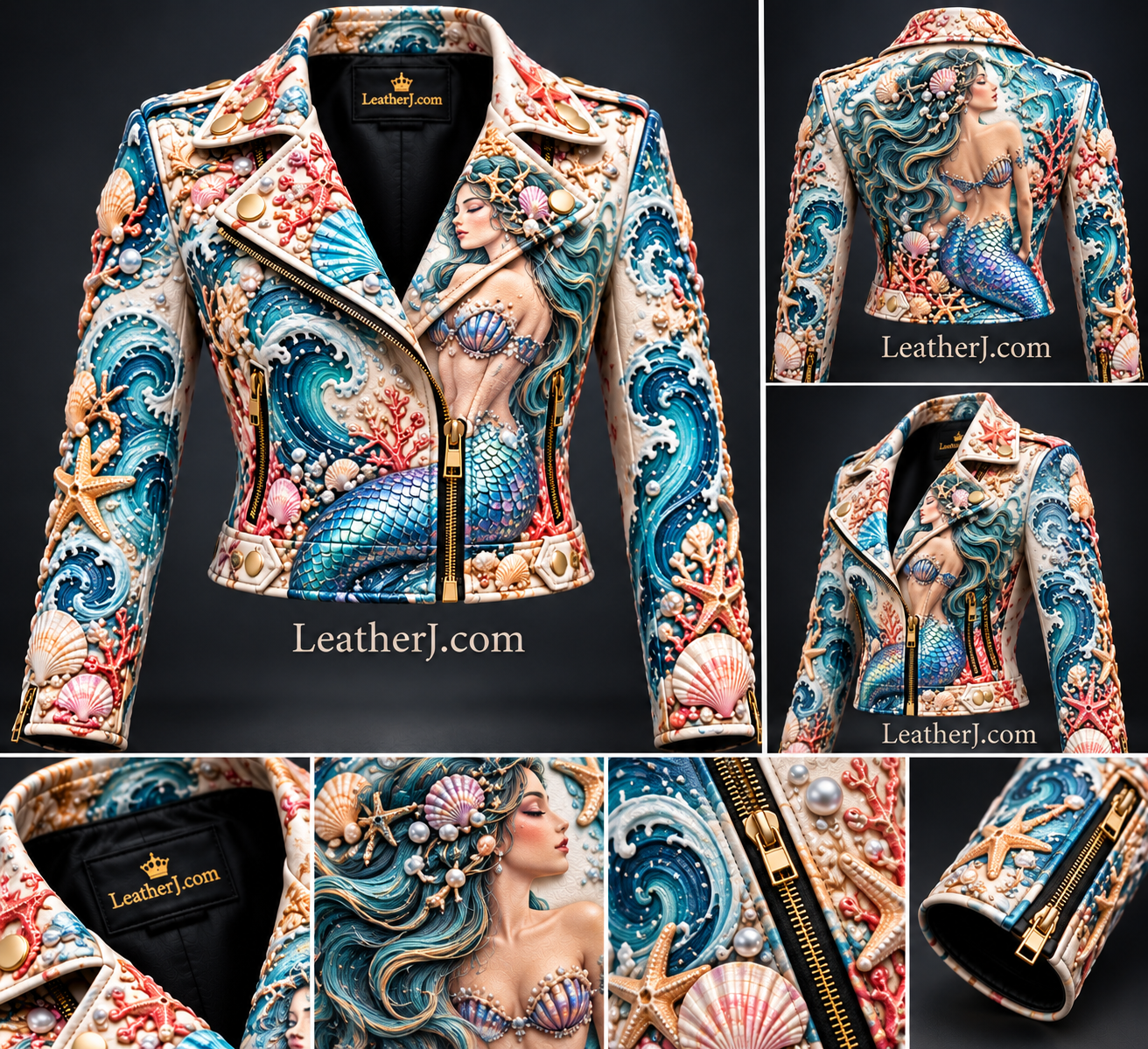Women's 3D Mermaid Print Leather Crop Jacket – Ocean Fantasy Art & Turquoise Waves