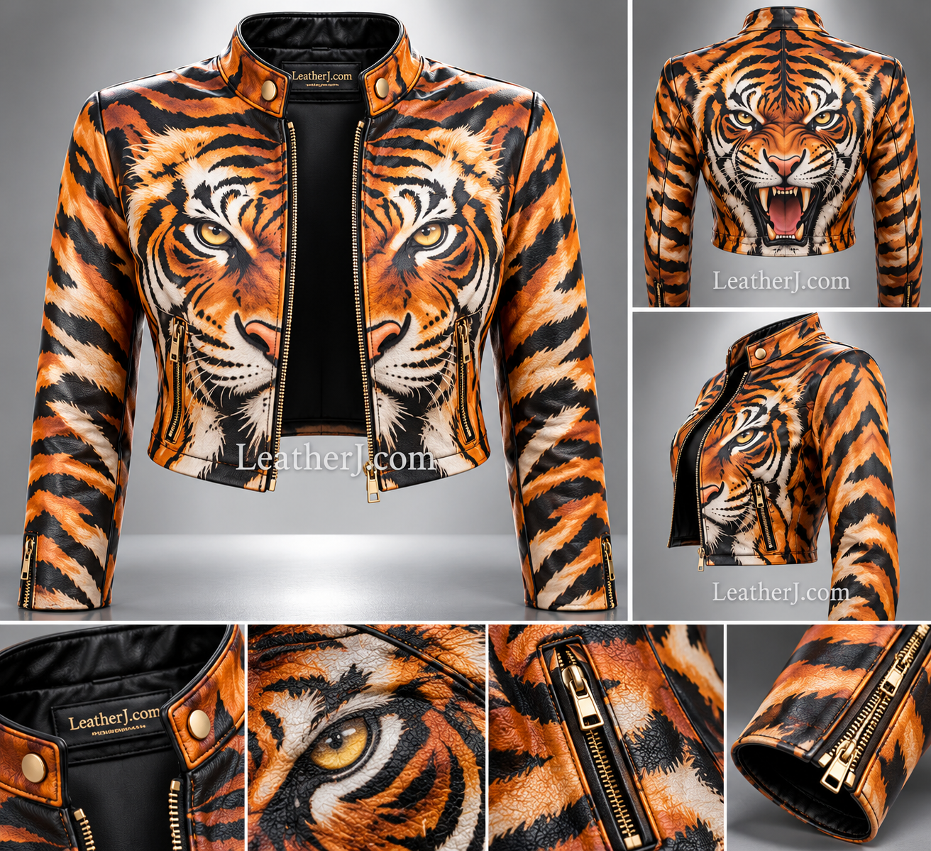 Women's Tiger Print Leather Cropped Biker Jacket – Bold Orange & Black Tiger Design