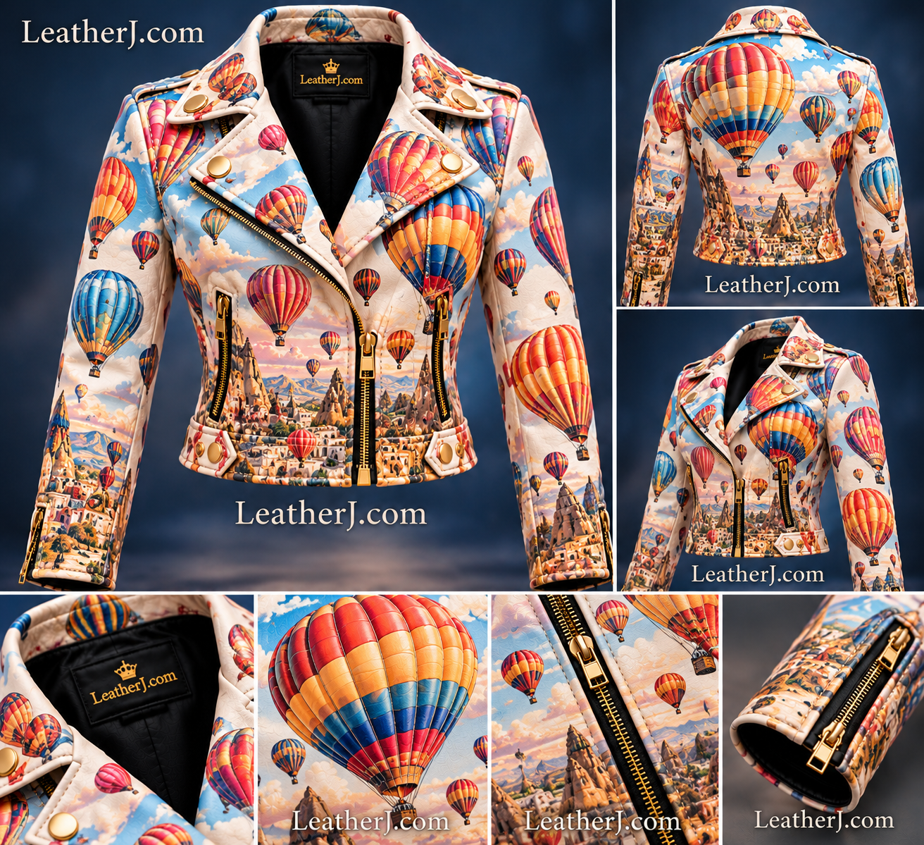 Women's Hot Air Balloon Print Leather Crop Jacket – Colorful Sky & Mountain Landscape Design
