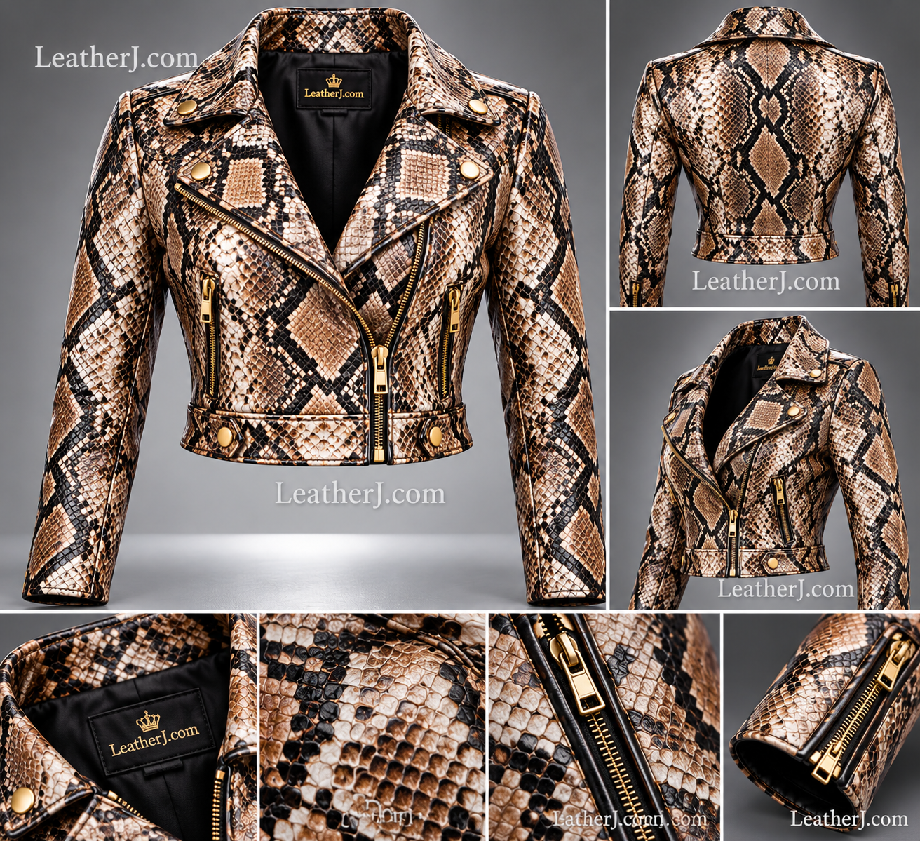 Women's Snakeskin Print Leather Biker Jacket – Luxury Brown & Black Cropped Motorcycle Jacket