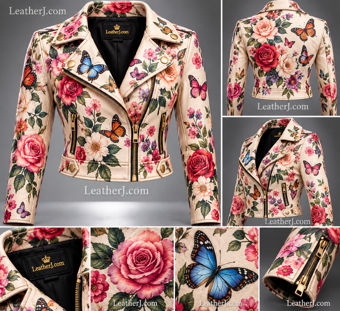 Women's Floral & Butterfly Printed Leather Biker Jacket – Elegant Cream Cropped Moto Jacket