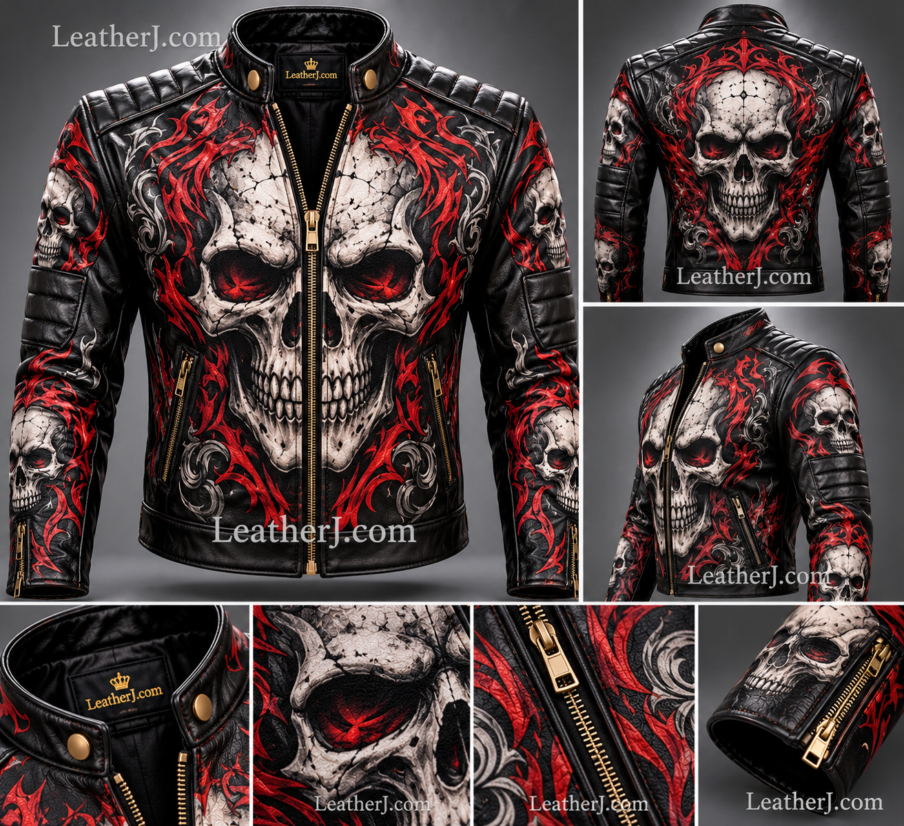 Men's Skull Print Leather Biker Jacket – Black Gothic Skull & Red Flame Design | LeatherJ.com