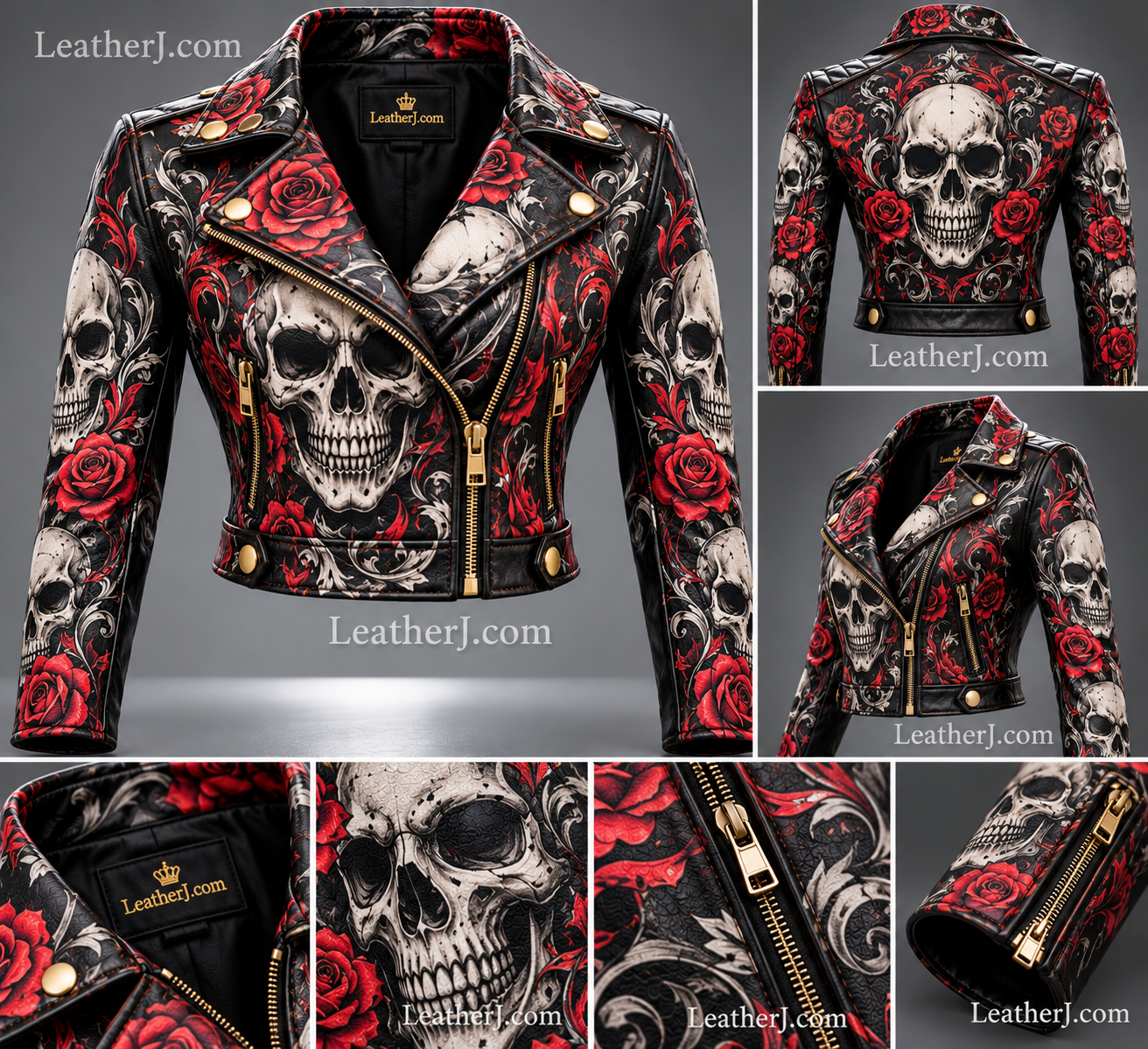 Women's Skull & Rose Printed Leather Crop Jacket – Black Gothic Biker Style