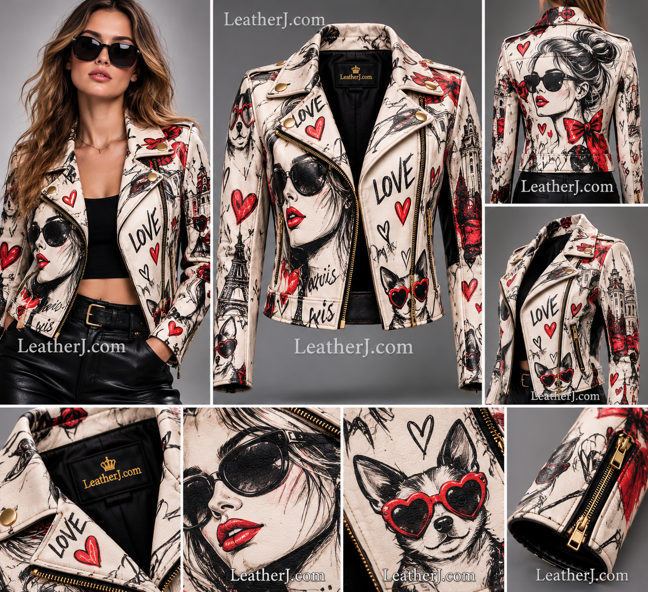 Women's Sketch Print Leather Biker Jacket – Cream & Black Artistic Graphic Design