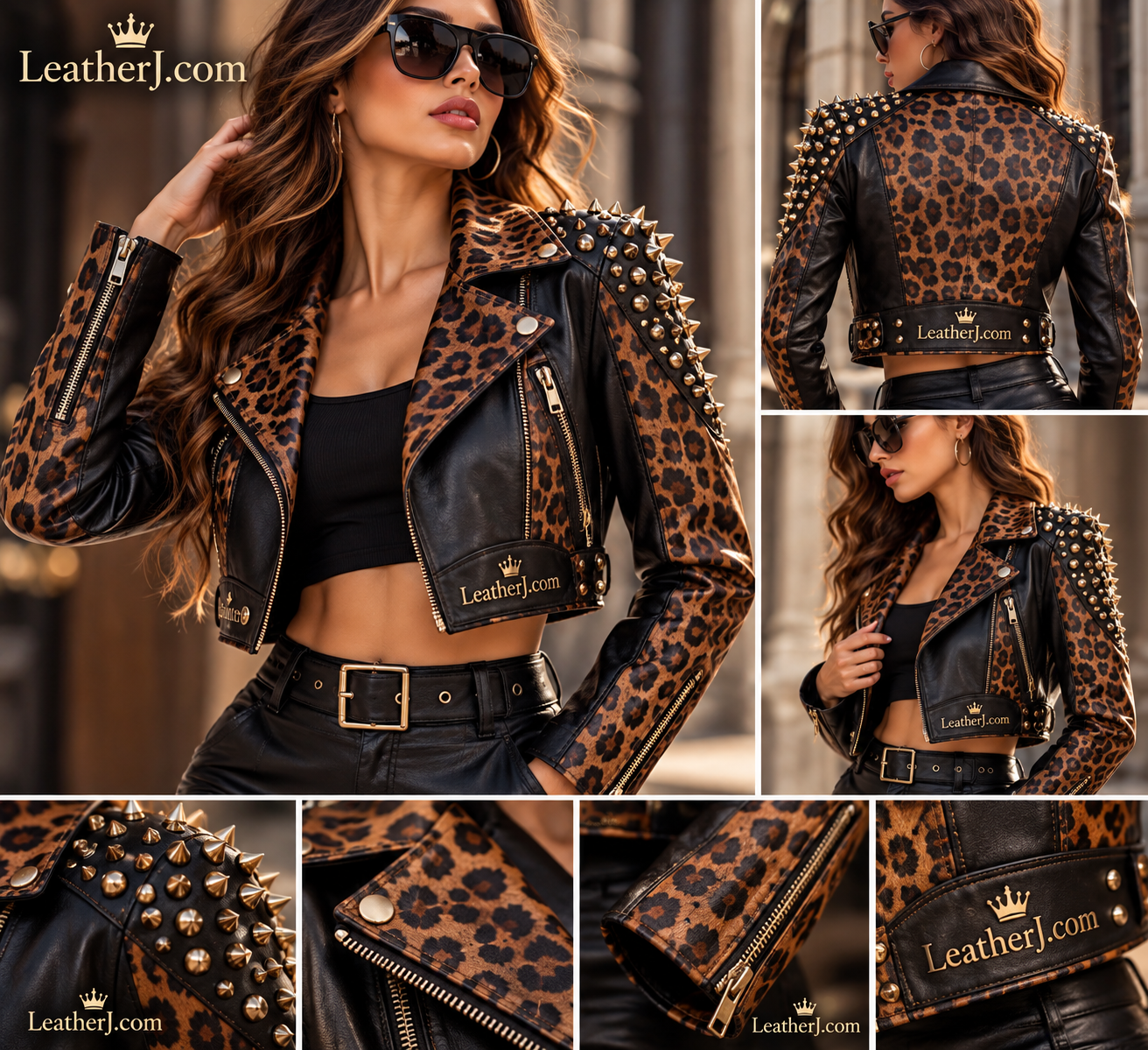 Women's Black & Brown Cheetah Print Cropped Leather Biker Jacket with Shoulder Studs