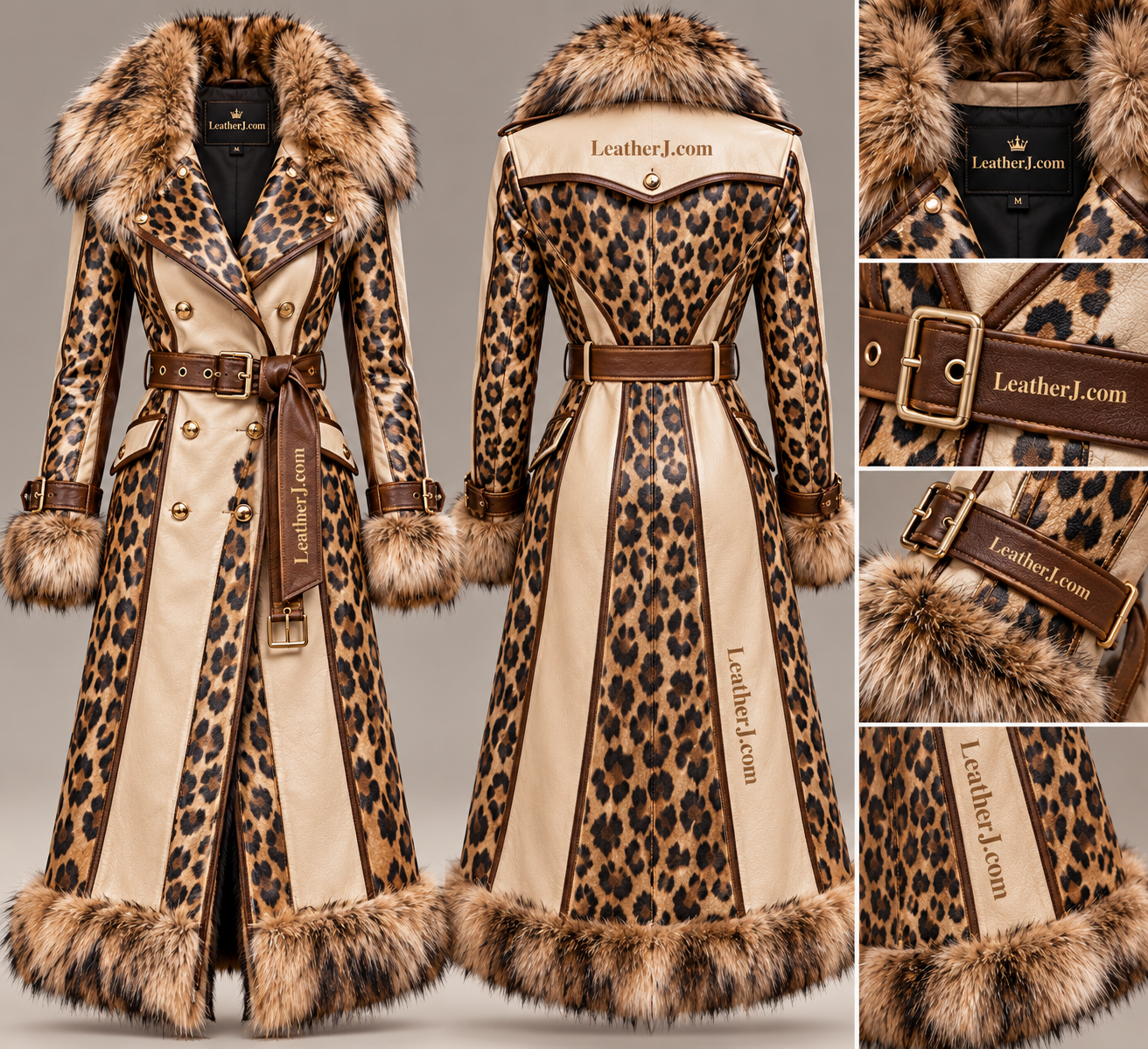Women's Leopard Print Leather Trench Coat with Luxurious Fur Trim