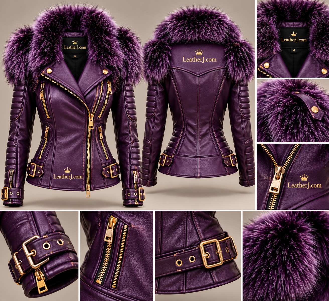 Women's Dark Purple Leather Biker Jacket with Luxurious Fur Collar