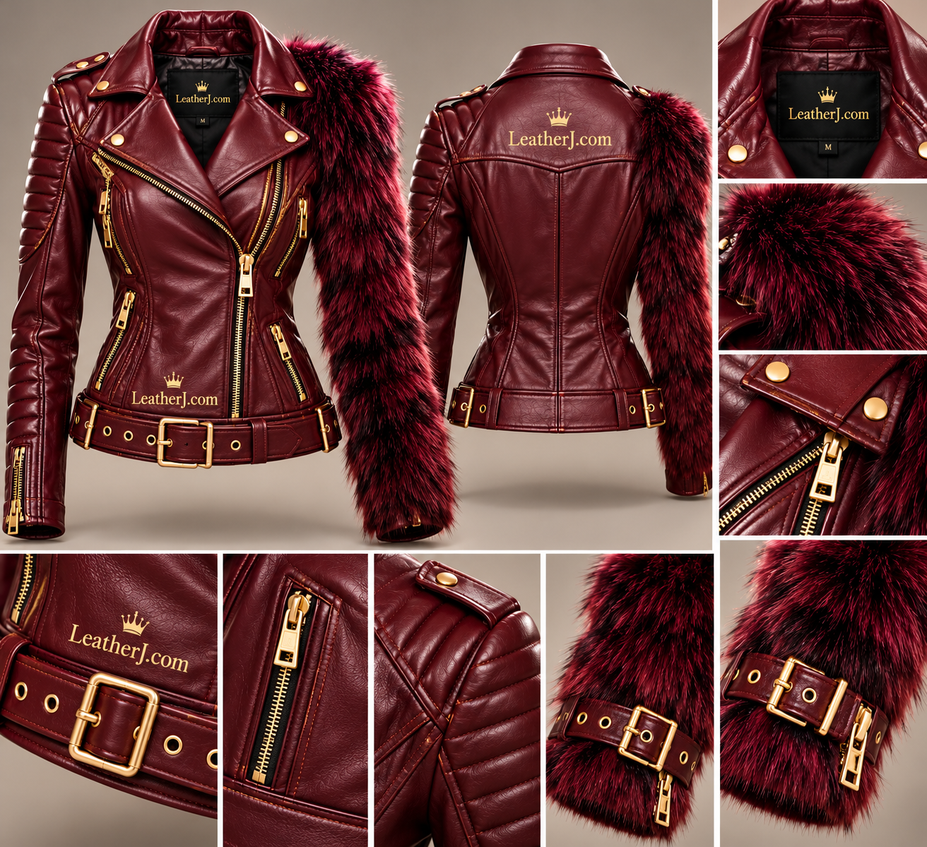 Women's Burgundy Leather Biker Jacket with Dramatic Fur Sleeve
