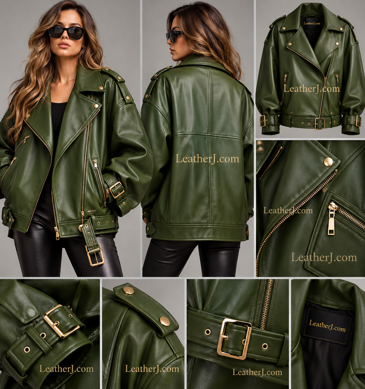 Women's Oversized Olive Green Leather Biker Jacket with Gold Hardware