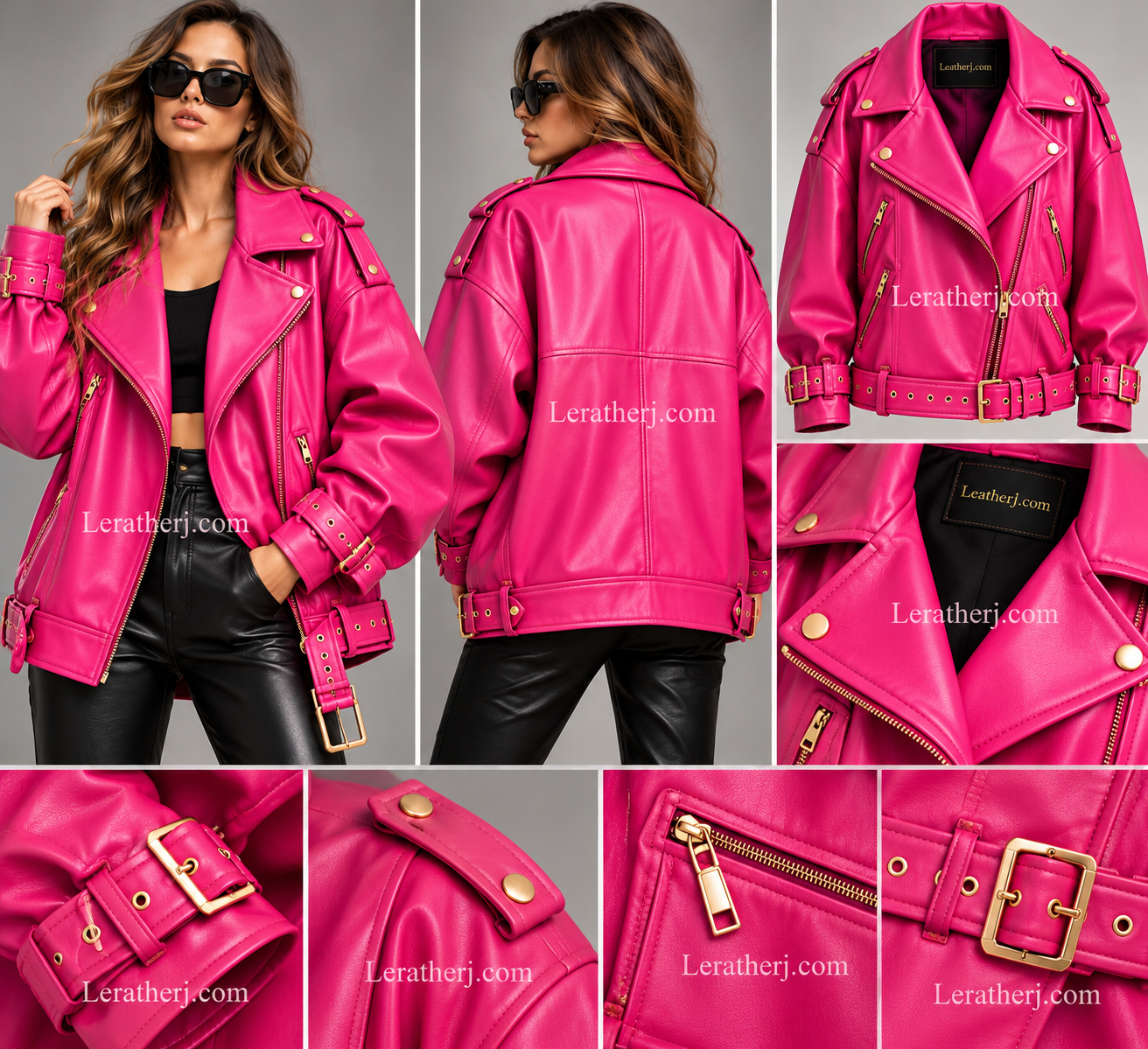 Women's Oversized Shocking Pink Leather Biker Jacket
