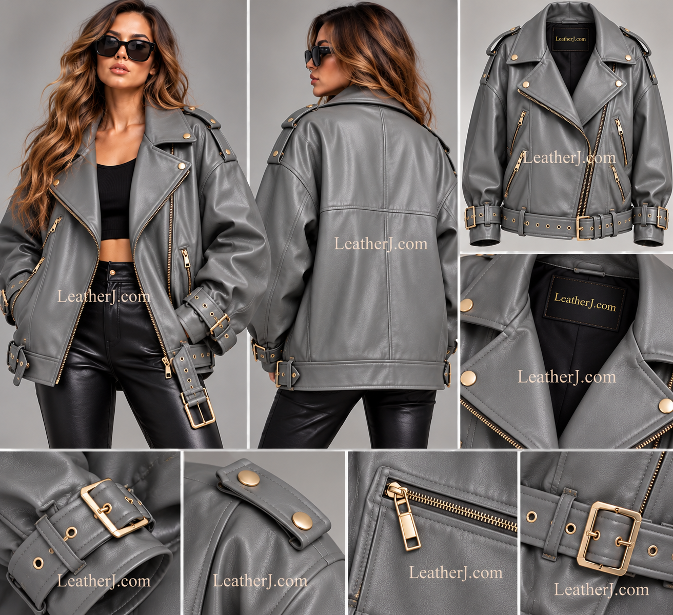 Women's Oversized Grey Leather Biker Jacket with Gold Hardware