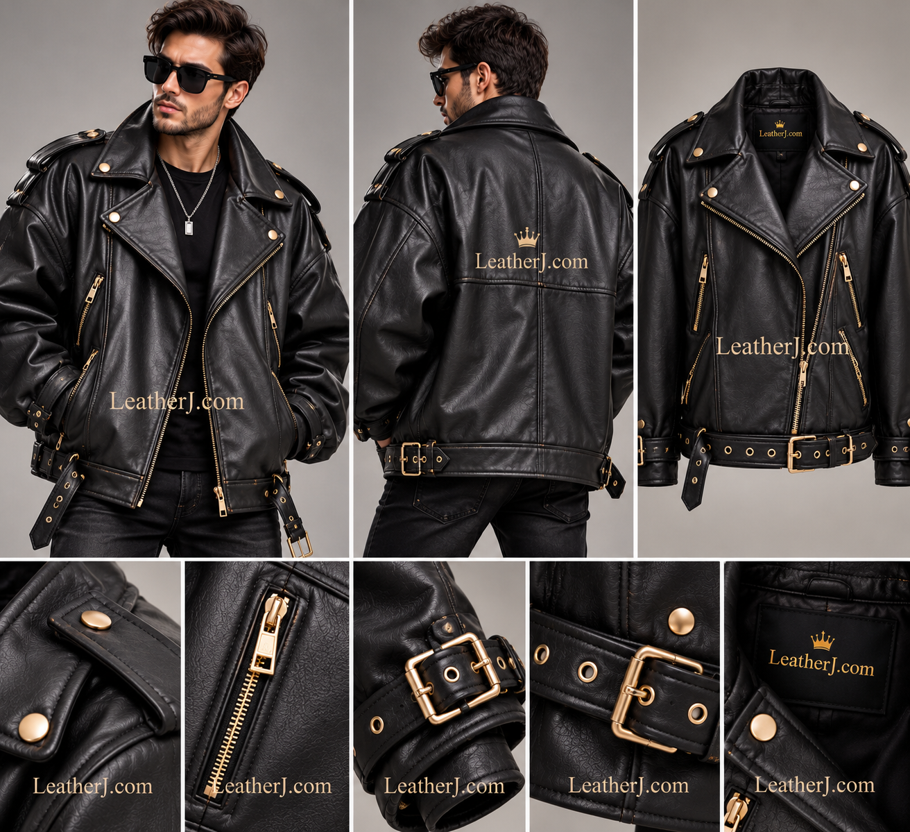 Title: Men's Oversized Black Leather Biker Jacket