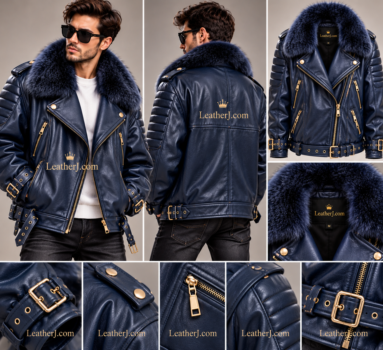Title: Men's Navy Blue Leather Jacket with Fur Collar