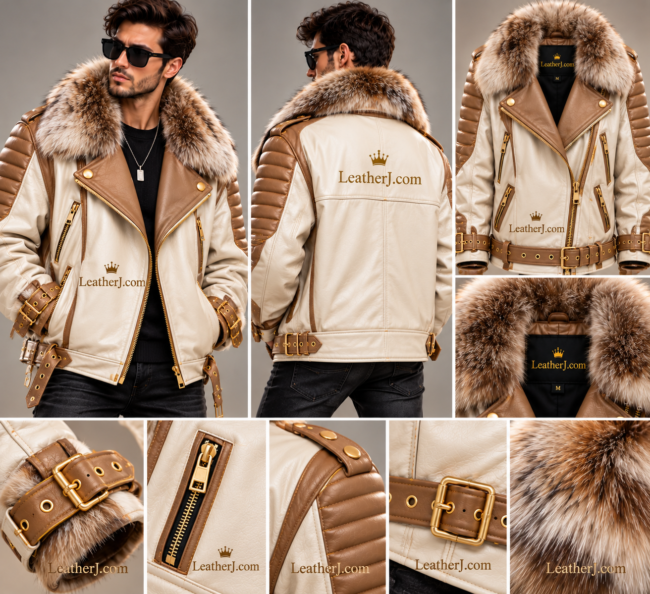 Title: Men's Cream White and Light Brown Leather Jacket with Fur Collar