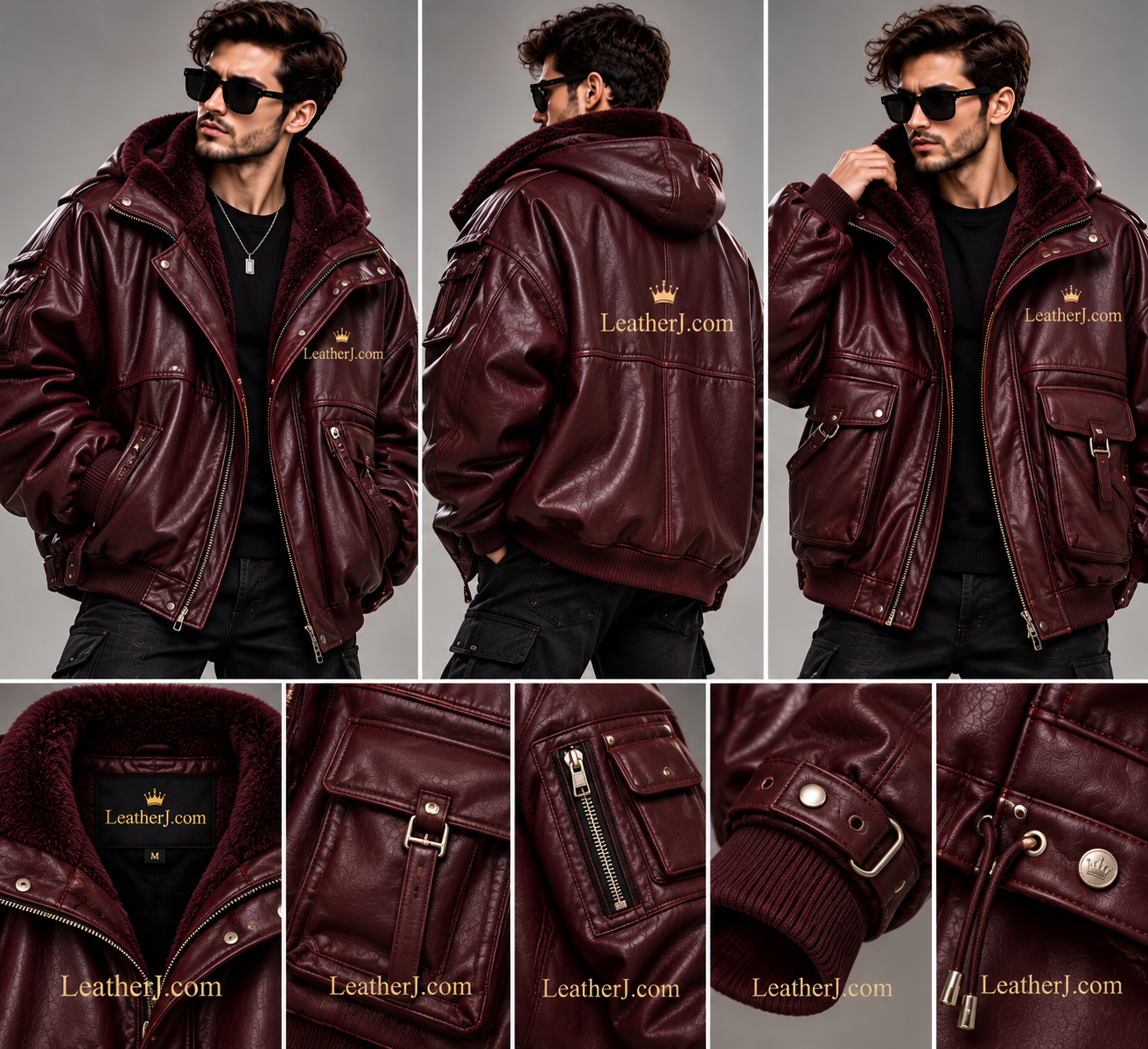 Title: Men's Oversized Dark Maroon Leather Bomber Jacket with Plush Fur Hood